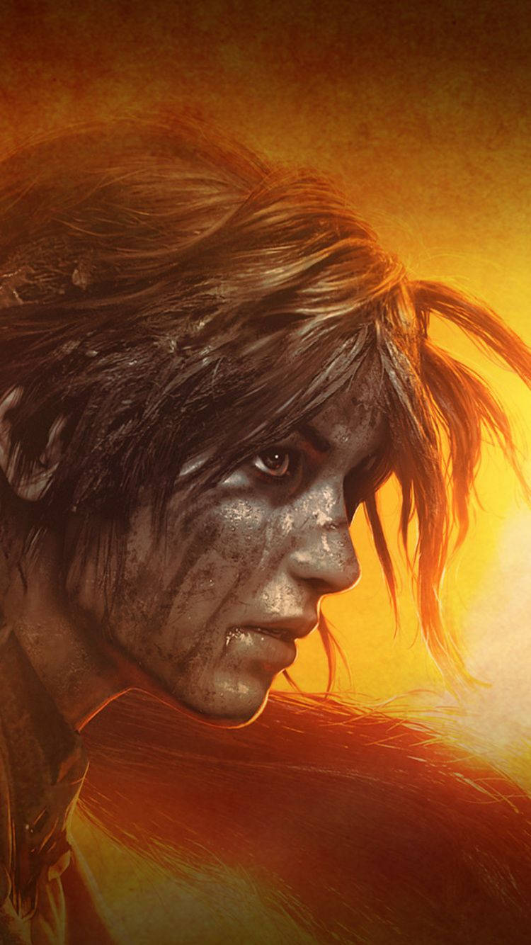 tomb raider iPhone 桌布 壁紙 — 一個疲憊戰士的特寫肖像，臉上沾滿污垢，一頭火橙色頭髮，背景是發光的金色。