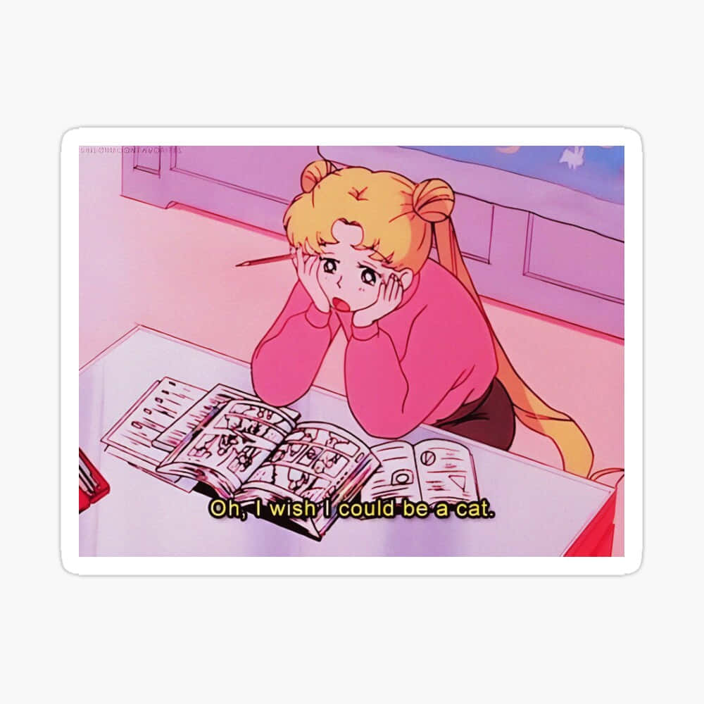 美少女戰士 桌布 壁紙 — 一個疲憊的動漫女孩，金色雙馬尾，將頭靠在書本上的雙手，希望自己能變成一隻貓。