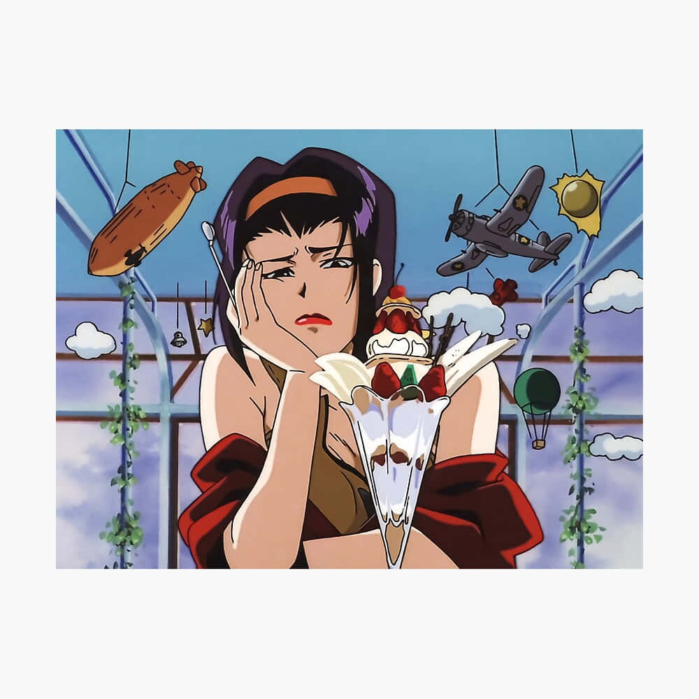 Faye Valentine 桌布 壁紙 — 一個疲憊的動漫女孩將頭靠在手上，同時拿著一個巨大的冰淇淋甜筒，在一個充滿漂浮飛機和熱氣球的奇幻溫室裡。