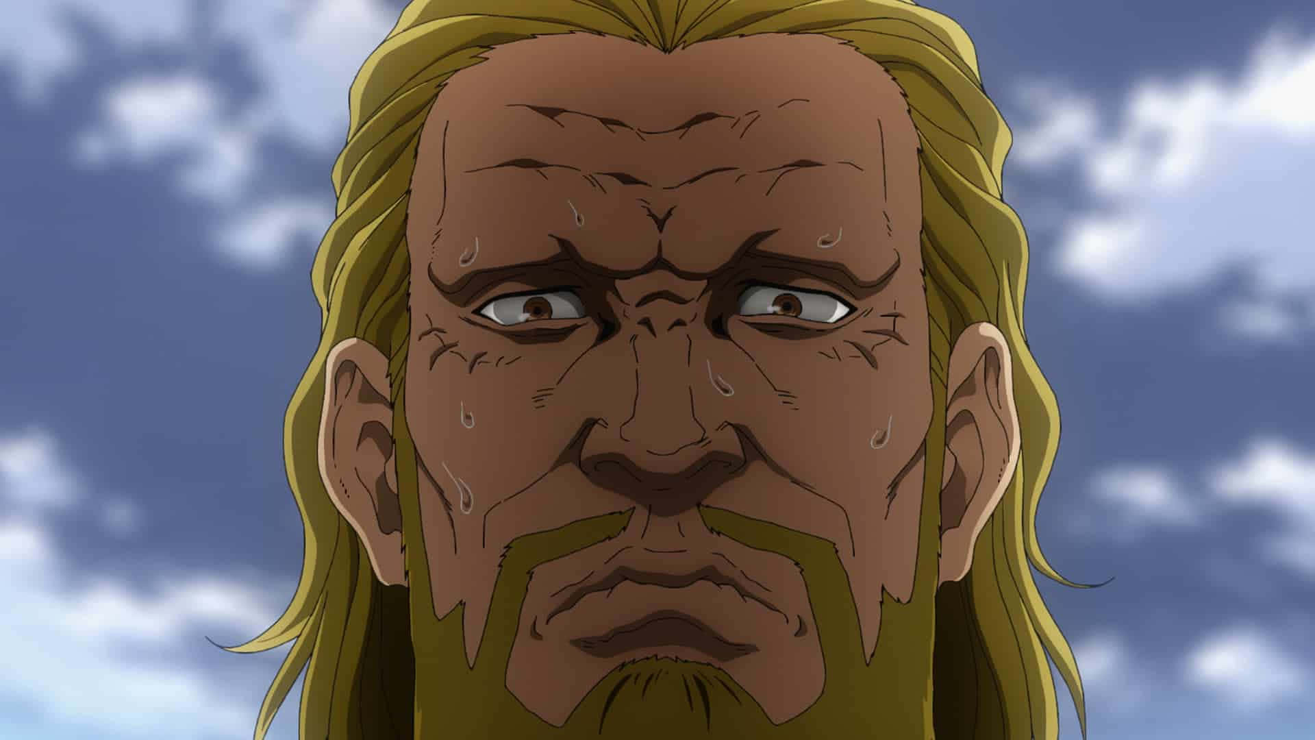 文蘭傳奇 桌布 壁紙 — 一個疲憊的動漫男子特寫，金髮鬍鬚，汗水從他皺起的眉頭滴落，背景是陰天。