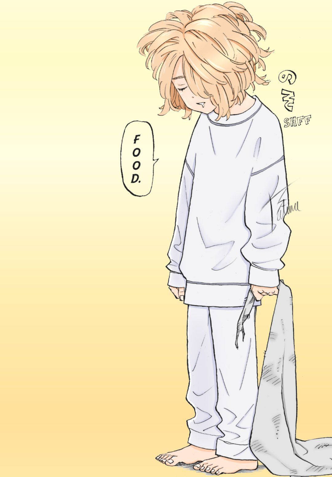 mikey 桌布 壁紙 — 一個疲憊的動漫男孩，一頭凌亂的金髮，穿著白色睡衣，赤腳站著拿著毯子，眼睛下垂，對話框說「食物。」