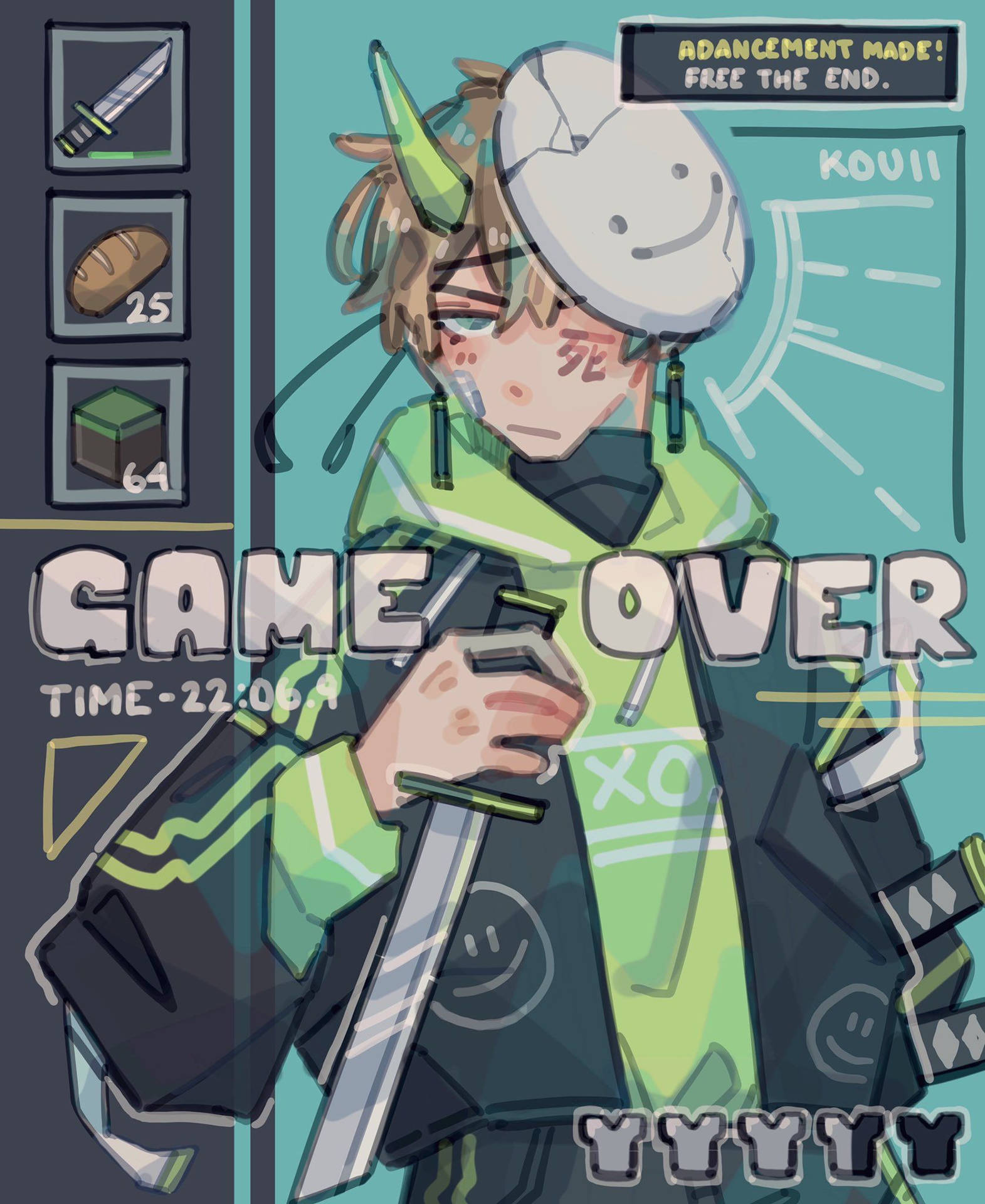  壁紙 — 一個疲憊的動漫角色穿著綠色連帽衫，在「GAME OVER」文字下拿著劍，並帶有遊戲UI元素。