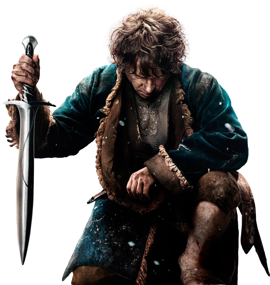 Hobbit 桌布 壁紙 — 一個疲憊的哈比人穿著青綠色斗篷，在黑色背景中雪花飄落時手持閃亮的劍。