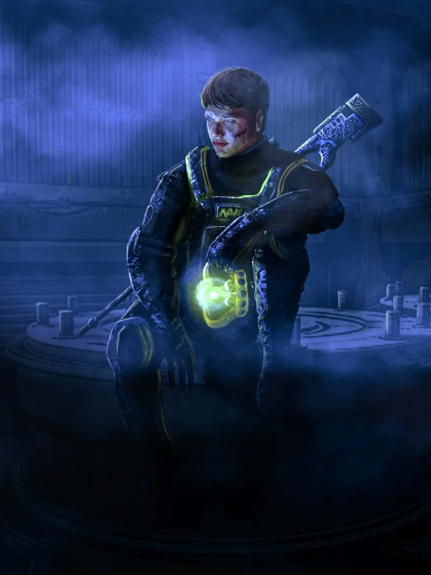 iPhone Xs Max Counter-strike Global Offensive 桌布 壁紙 — 一個疲憊的士兵滿臉鮮血，坐在霧氣瀰漫的藍色廢墟中，手持發光的球體，步槍擱在肩上。