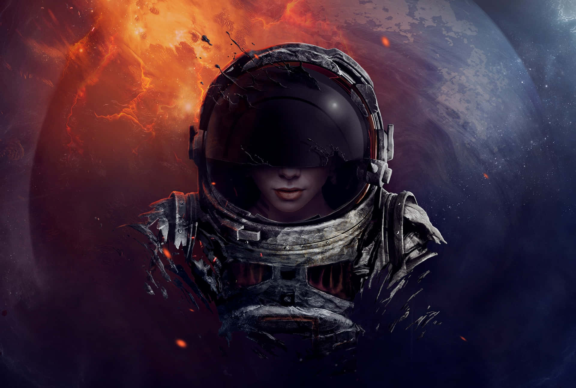  壁紙 — 一個疲憊的太空人穿著破損的太空衣，在熾熱行星和星空虛空的背景下向前凝視。