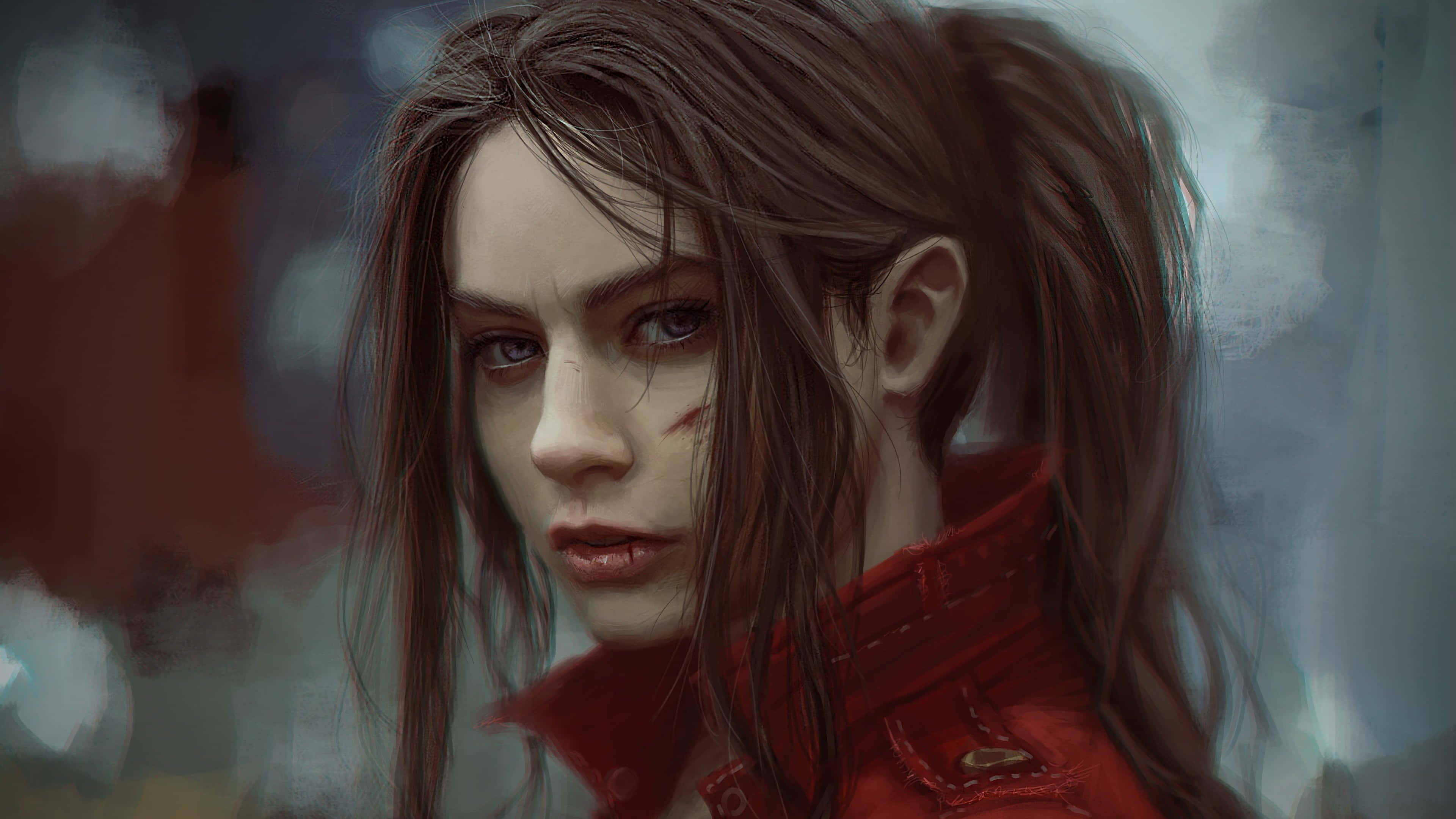 電玩遊戲 桌布 壁紙 — 一個疲憊的女人，棕色馬尾辮，穿著紅色外套，在模糊的灰色和紅色背景前凝視著。