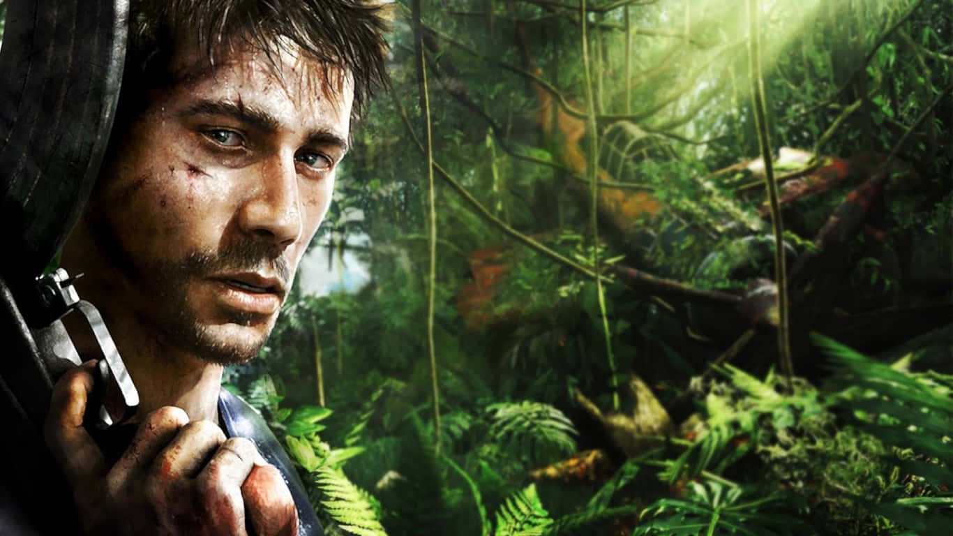 1366x768 Far Cry 3 桌布 壁紙 — 一個疲憊的戰士，臉上帶有傷疤，雙手沾滿鮮血，在茂密、陽光斑駁的叢林中緊握武器。