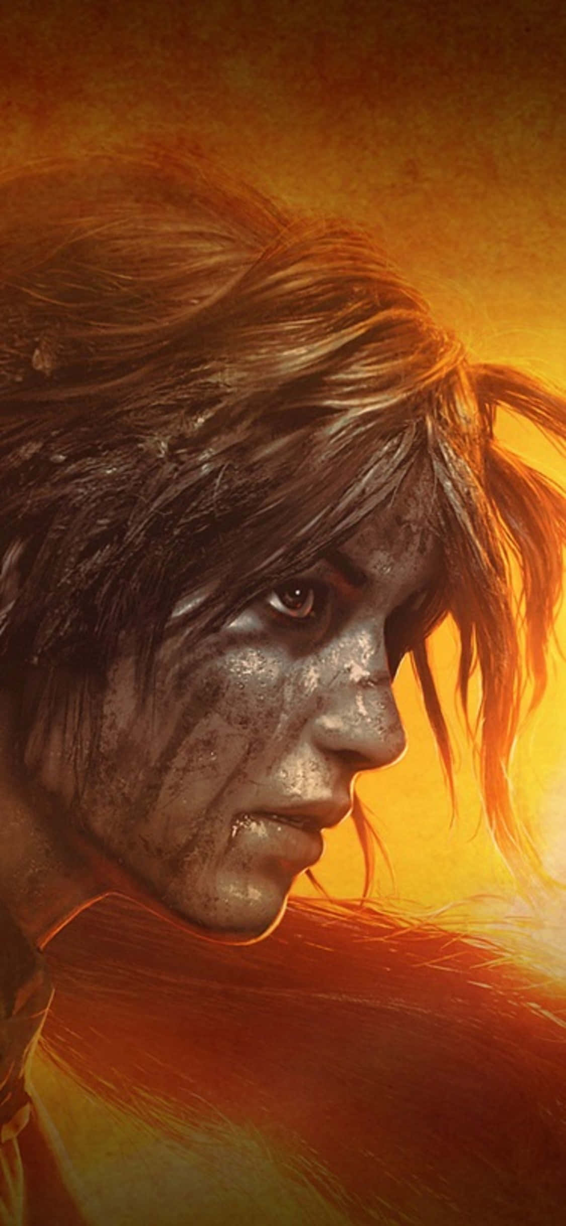 iPhone X Shadow Of The Tomb Raider 桌布 壁紙 — 一個疲憊的戰士，臉上沾滿污垢，在熾熱的橙色背景下凝視著。