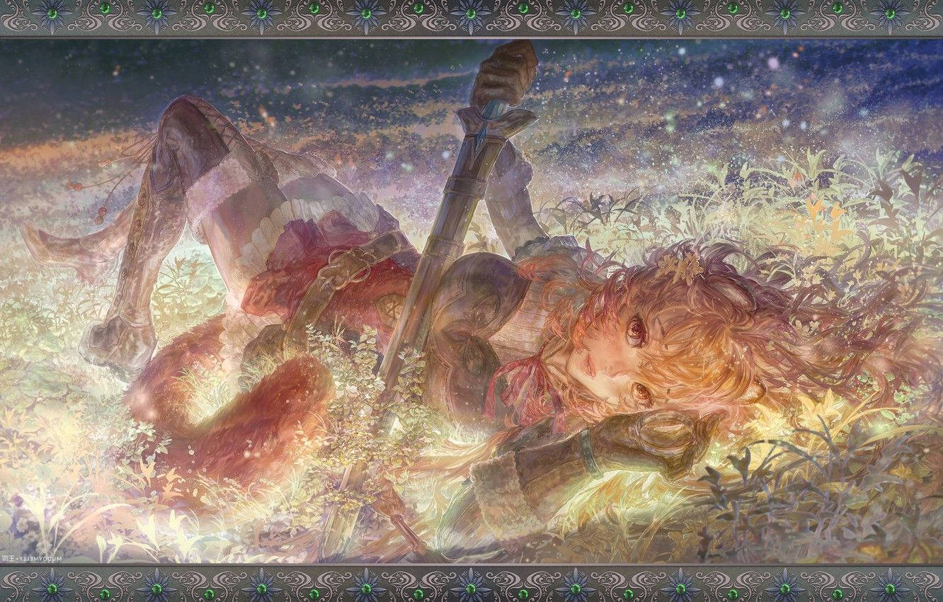 Raphtalia 桌布 壁紙 — 一個疲憊的戰士拿著劍，在星光燦爛的暮色天空下，在一片發光的花朵中休息。