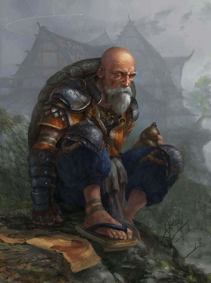 Turtle Hermit 桌布 壁紙 — 一個疲憊的盔甲僧侶，長長的白鬍子，坐在霧氣繚繞的懸崖邊，拿著一個小陶罐。