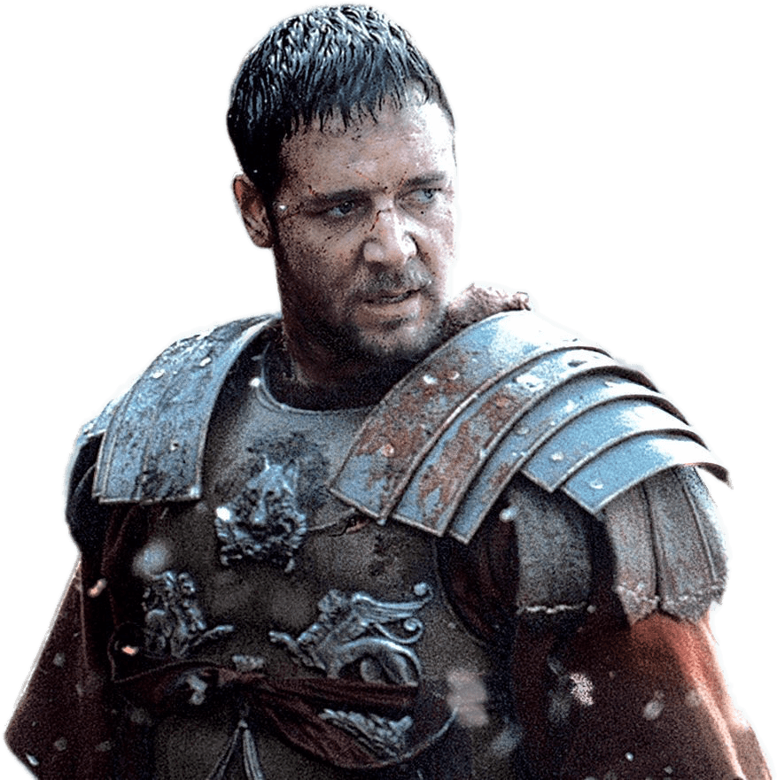 Gladiator 桌布 壁紙 — 一個疲憊的羅馬士兵，身穿戰損盔甲，在純黑背景前凝視。
