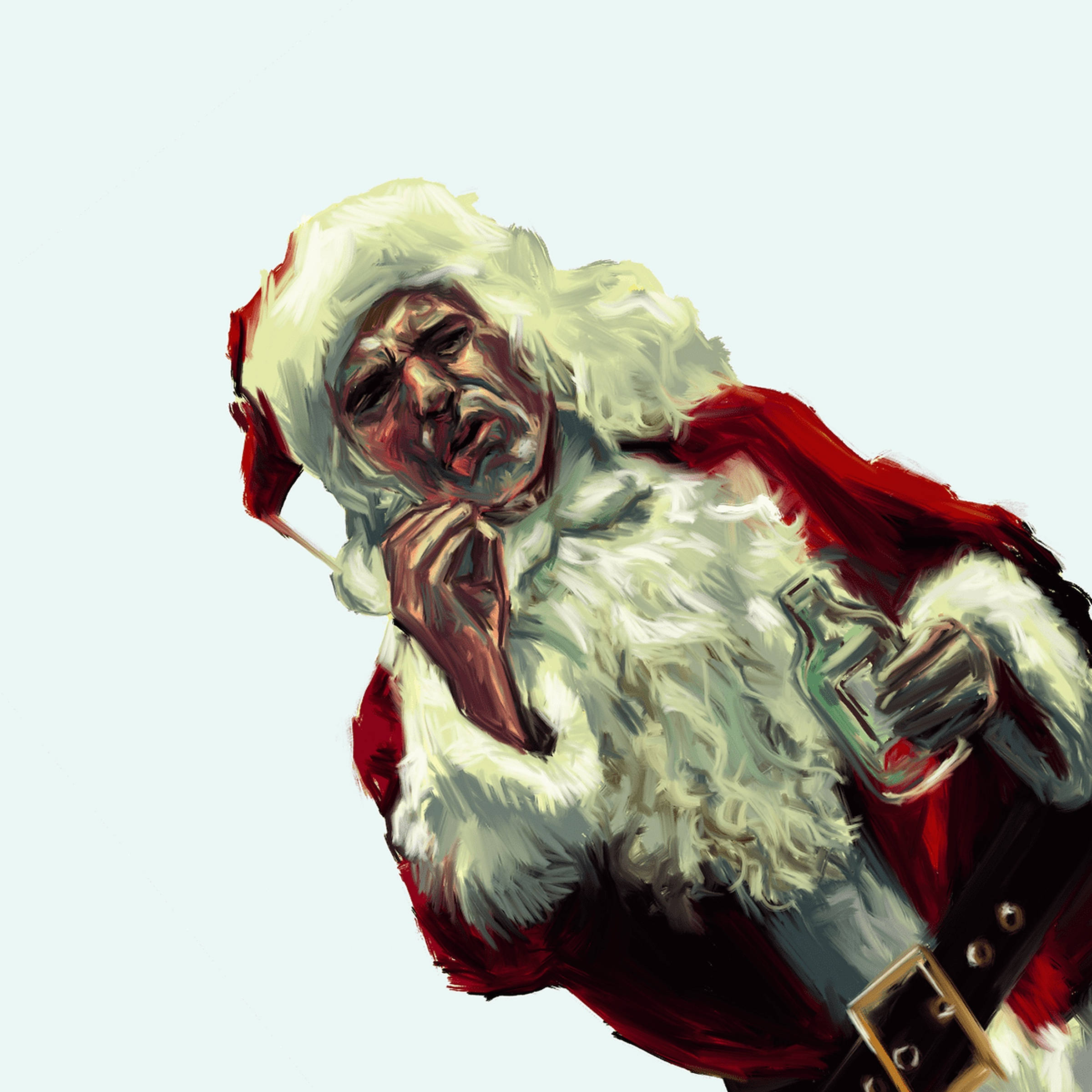 evil 桌布 壁紙 — 一個疲憊的聖誕老人，戴著毛邊帽子和紅色外套，手裡拿著一個瓶子，頭靠在手上，背景是淡藍色。