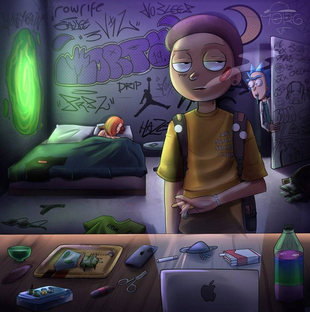 瑞克和莫蒂 桌布 壁紙 — 一個疲憊的青少年在佈滿塗鴉的臥室裡，有一個發光的綠色傳送門，還有一個藍髮朋友從門後偷看。