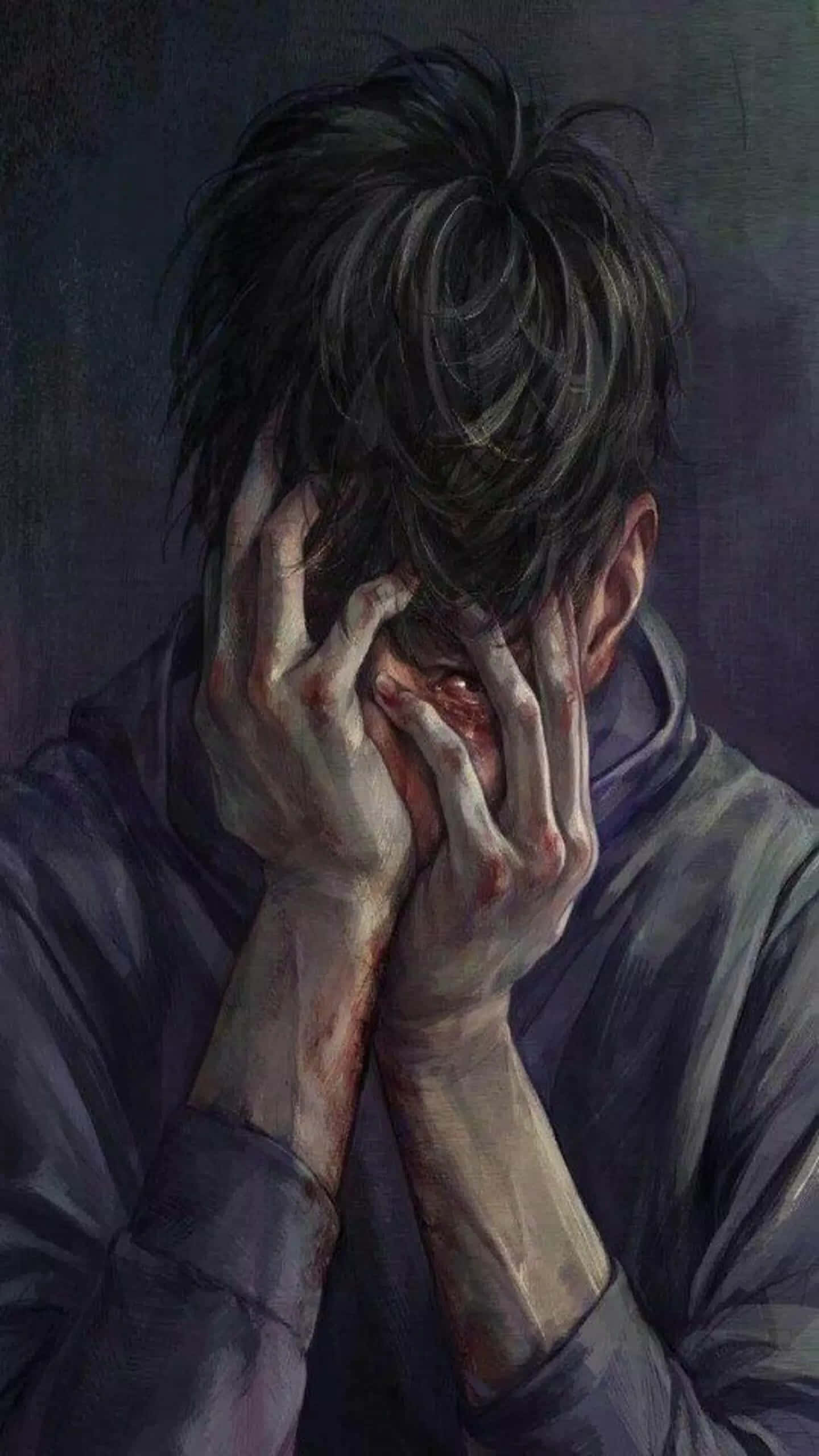 crying anime 桌布 壁紙 — 一個痛苦的人，深色頭髮，用沾滿血的手遮住臉，背景陰暗。
