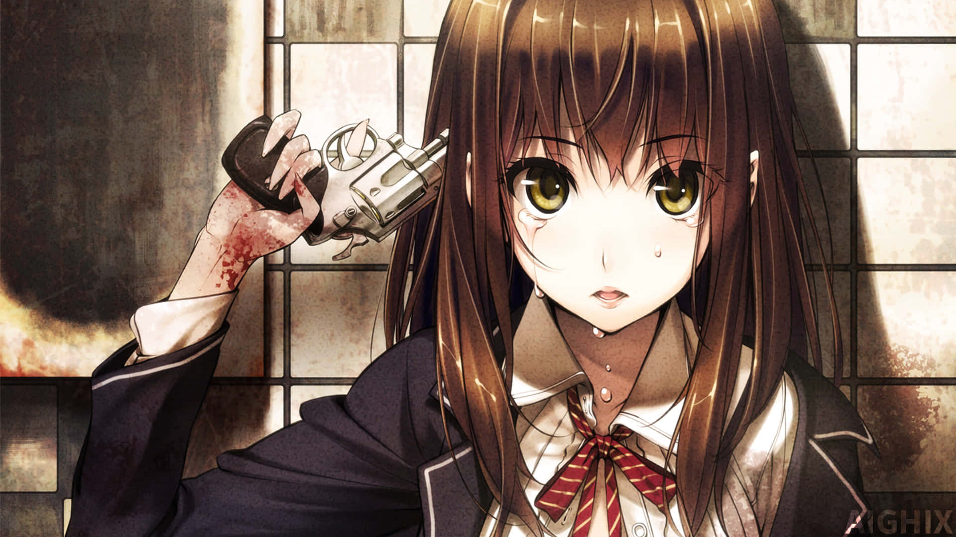 Sad Crying Anime 桌布 壁紙 — 一個痛苦的動漫女學生穿著校服，在瓷磚牆邊用沾滿血的左輪手槍指著自己的太陽穴。