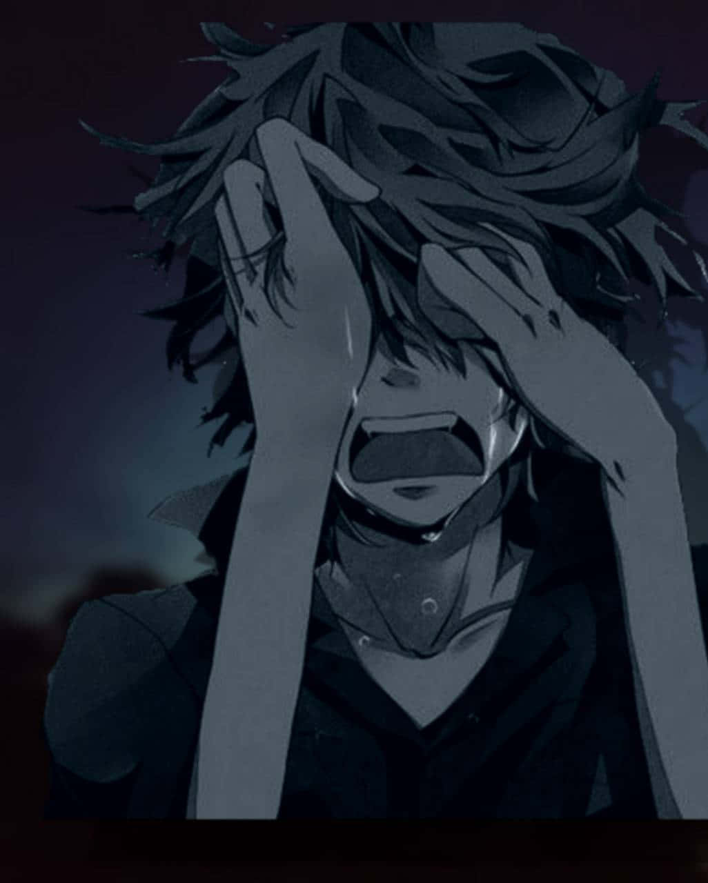 cry 桌布 壁紙 — 一個痛苦的動漫角色，凌亂的黑髮，在陰沉的黃昏天空下抓住頭部尖叫。