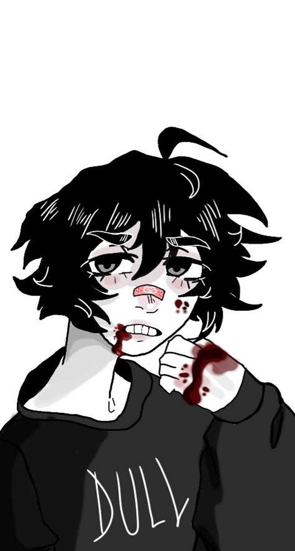 emo 頭像 桌布 壁紙 — 一個痛苦的動漫角色，黑色頭髮亂糟糟，臉上和手上都有血，穿著一件黑色連帽衫，上面有 dull 這個字。
