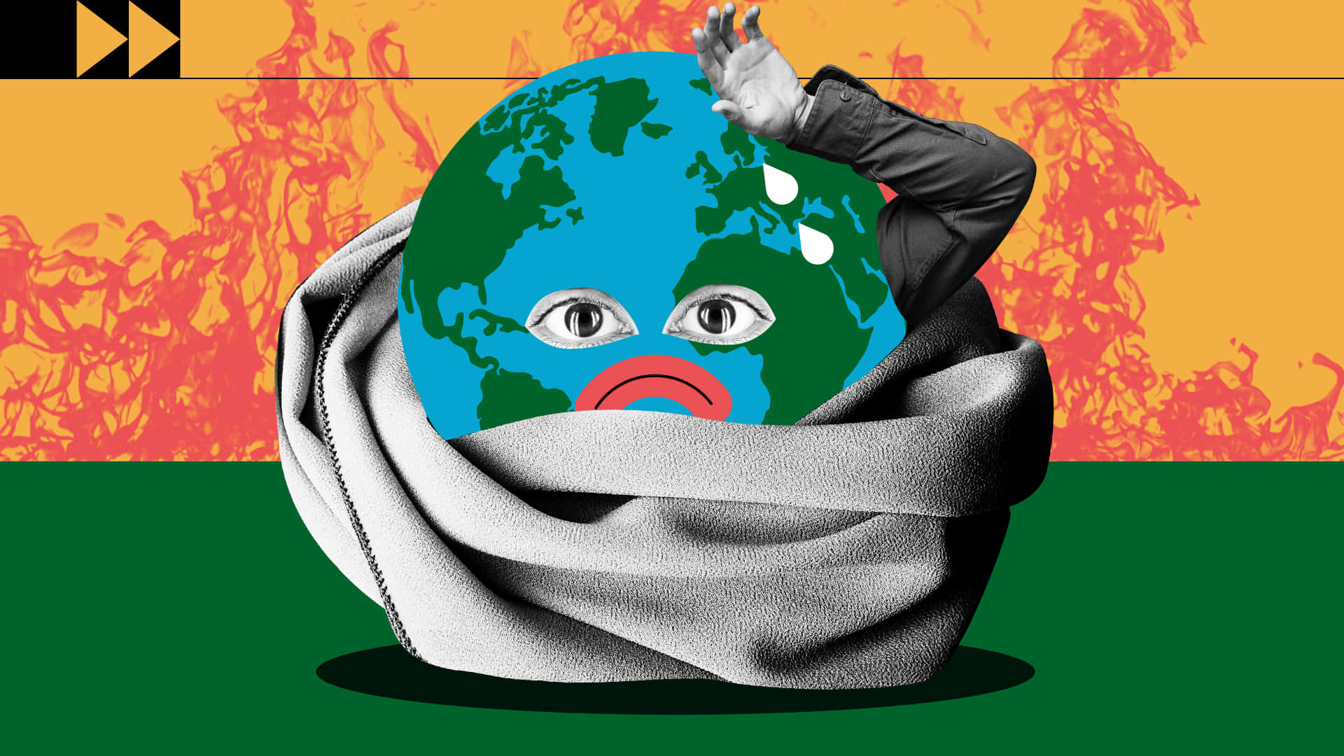 climate change 桌布 壁紙 — 一個痛苦的地球，有眼睛和嘴巴，被包裹在毯子裡，一隻手在火熱的背景中擦拭它額頭的汗水。
