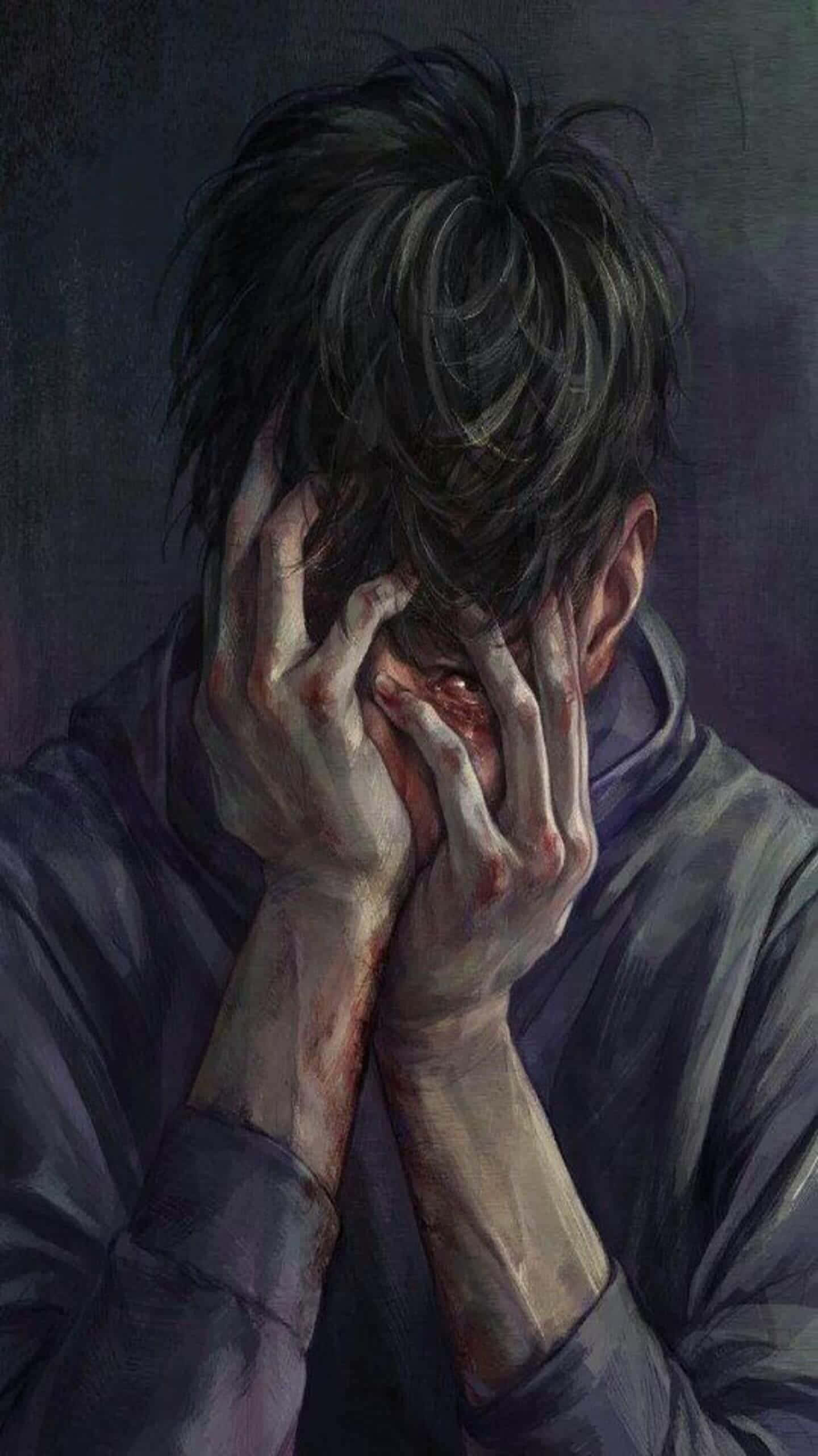 桌布 壁紙 — 一個痛苦的男人用沾滿鮮血的手遮住臉，背景陰暗憂鬱。
