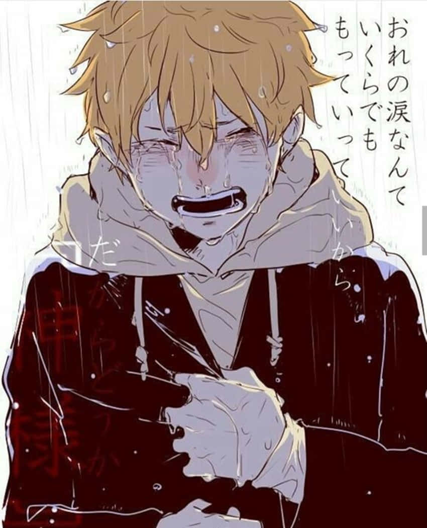 桌布 壁紙 — 一個痛苦的金髮動漫男孩穿著深色連帽衫在雨中痛哭。