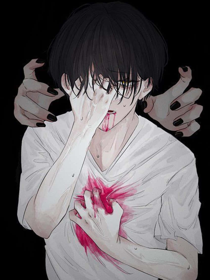 動漫男孩 桌布 壁紙 — 一個痛苦的黑髮戴眼鏡動漫男孩在黑暗背景下緊握著流血胸口。