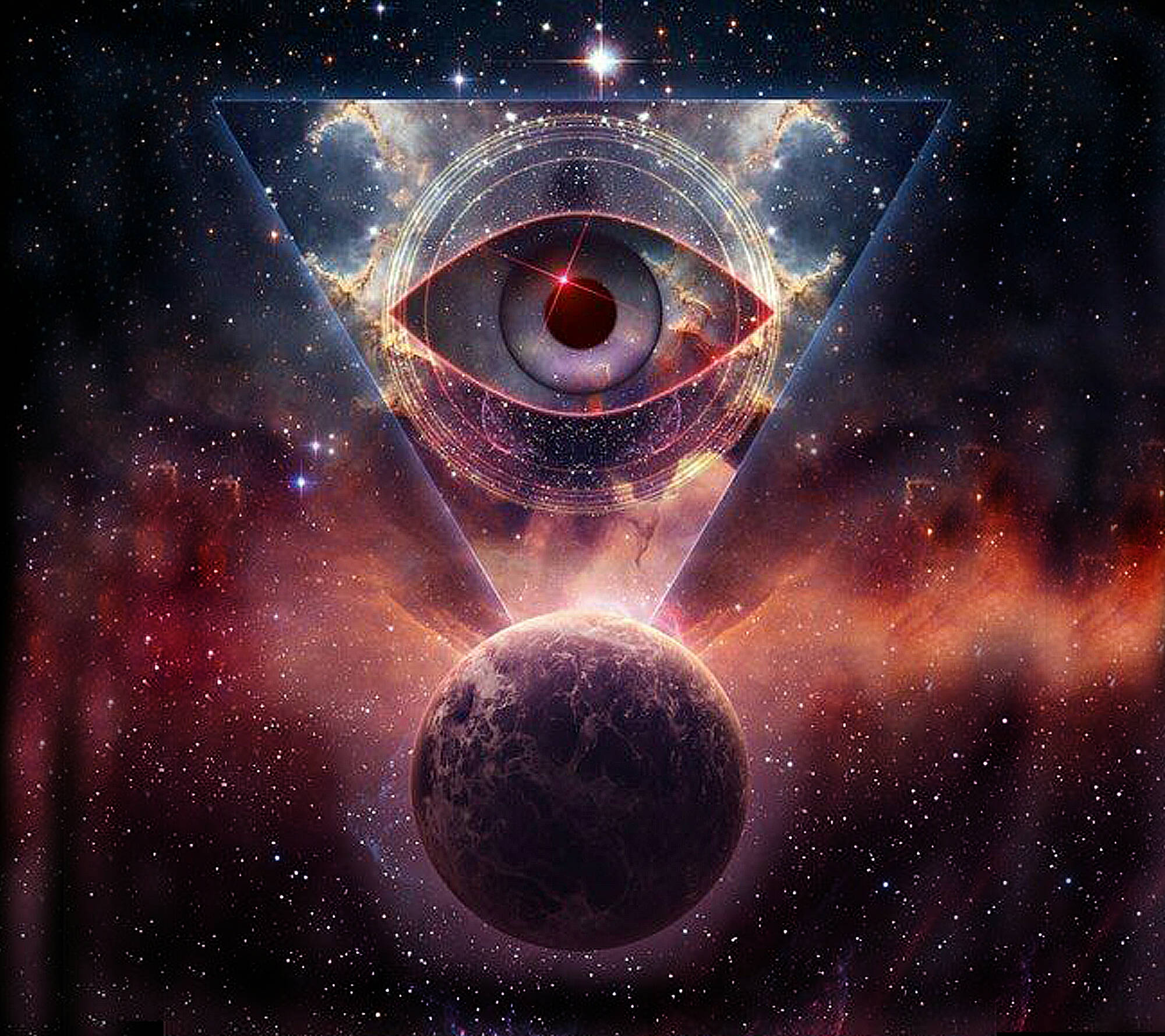 詭異 桌布 壁紙 — 一個發光三角形內的宇宙之眼，在充滿活力的星雲和星星中守護著一顆行星。