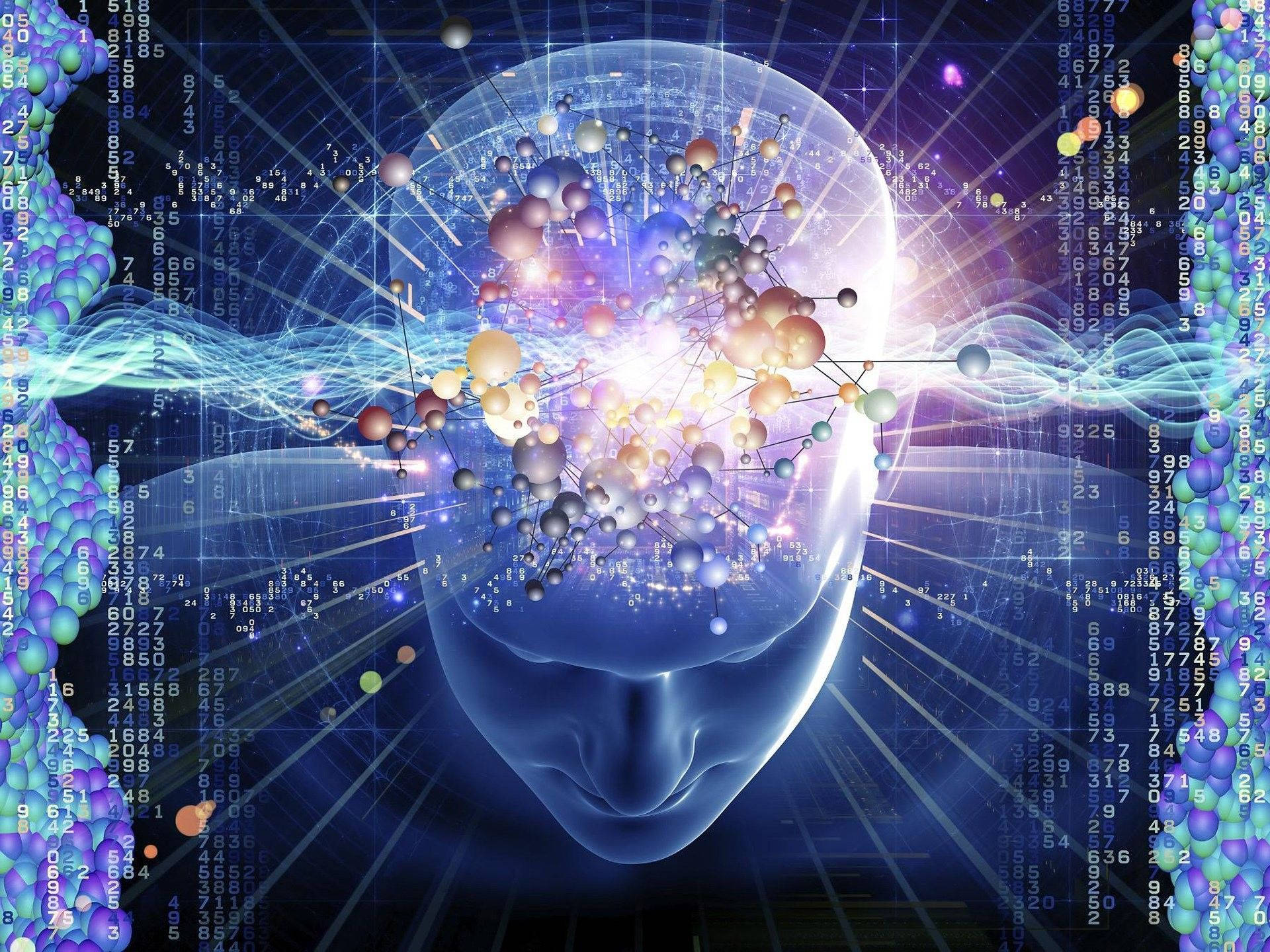 3D 桌布 壁紙 — 一個發光半透明的人類頭部，充滿了色彩繽紛的分子結構和流動的數據流，背景為深色數位背景。