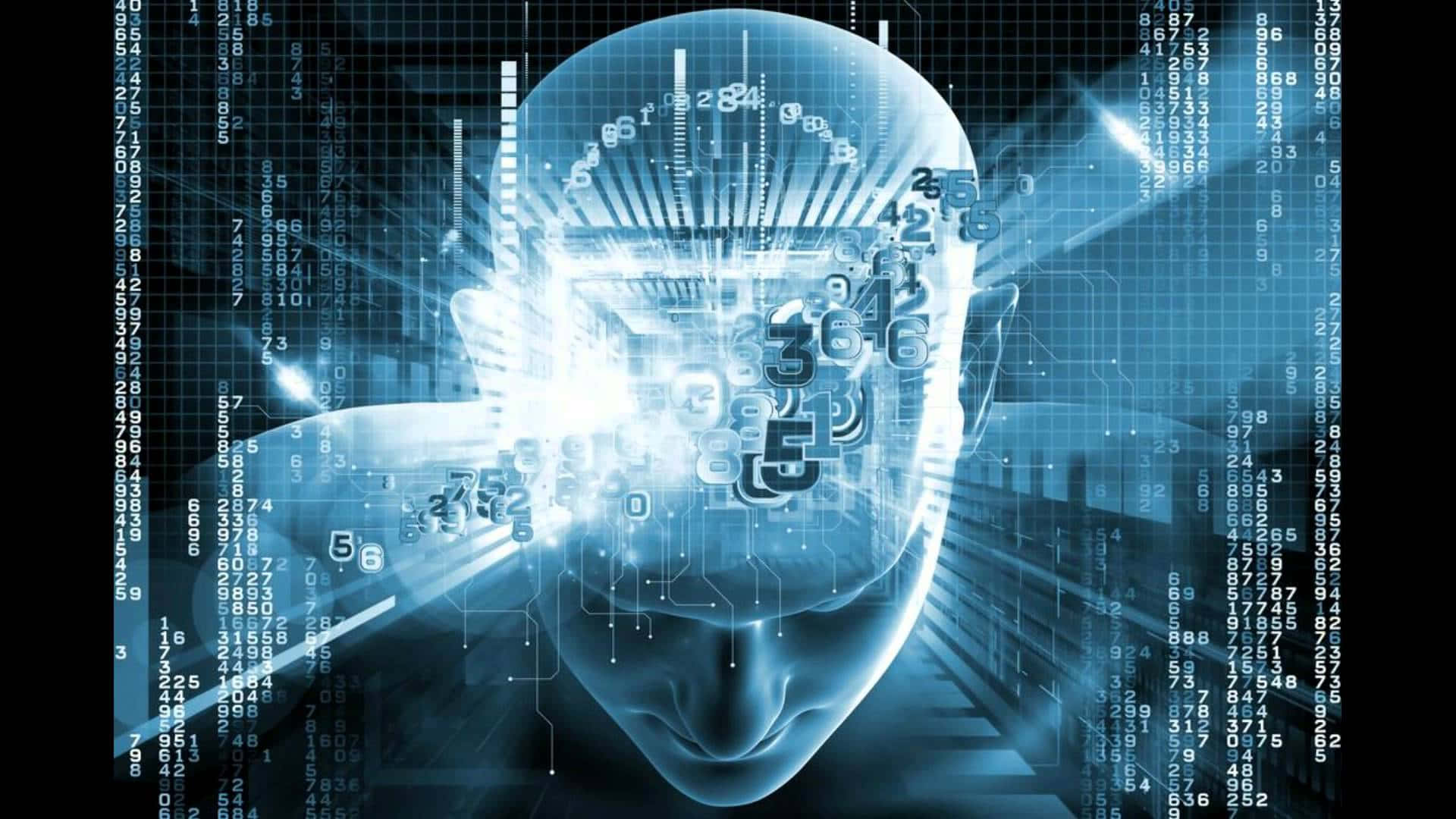 AI 桌布 壁紙 — 一個發光半透明的人類頭部，內部充滿數位電路和浮動數字，背景是層疊程式碼網格。