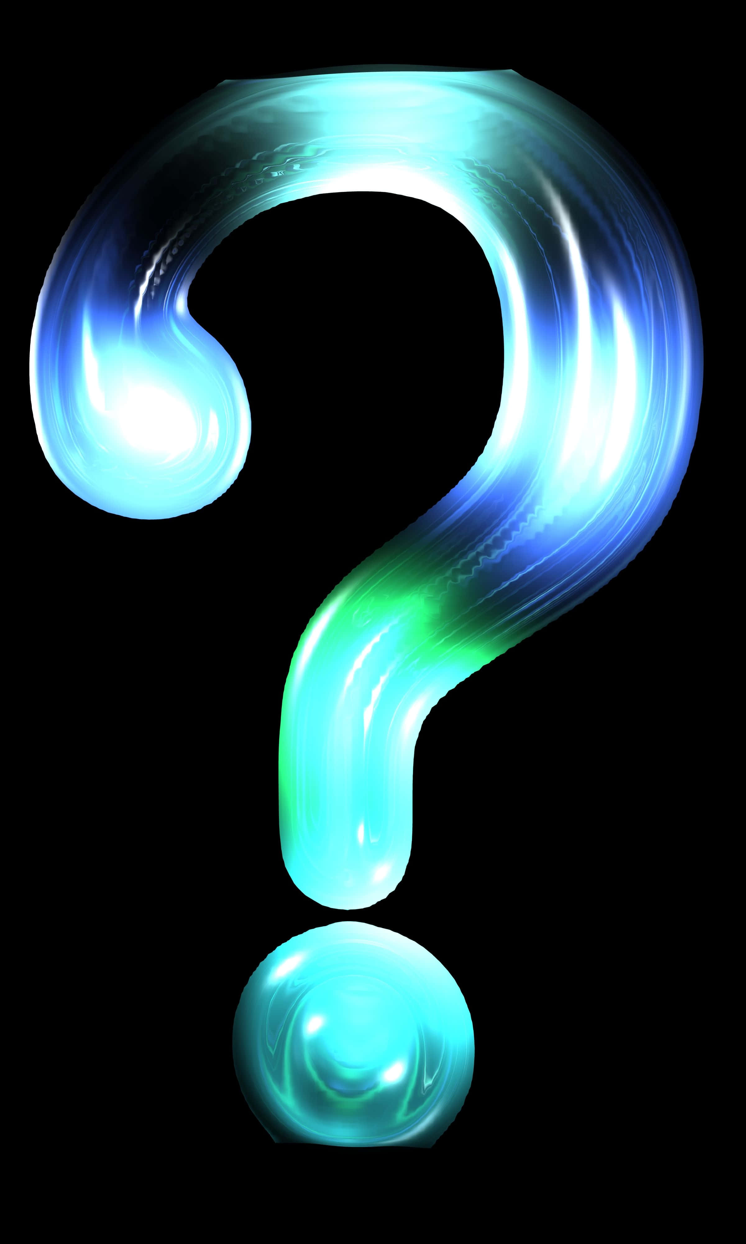Question Mark 桌布 壁紙 — 一個發光半透明的問號，帶有藍色和綠色色調，在黑色背景上脈動。