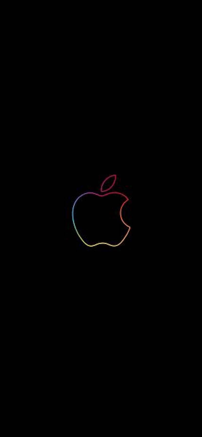 iPhone XR 桌布 壁紙 — 一個發光彩虹輪廓的蘋果標誌，居中在純黑色背景上。
