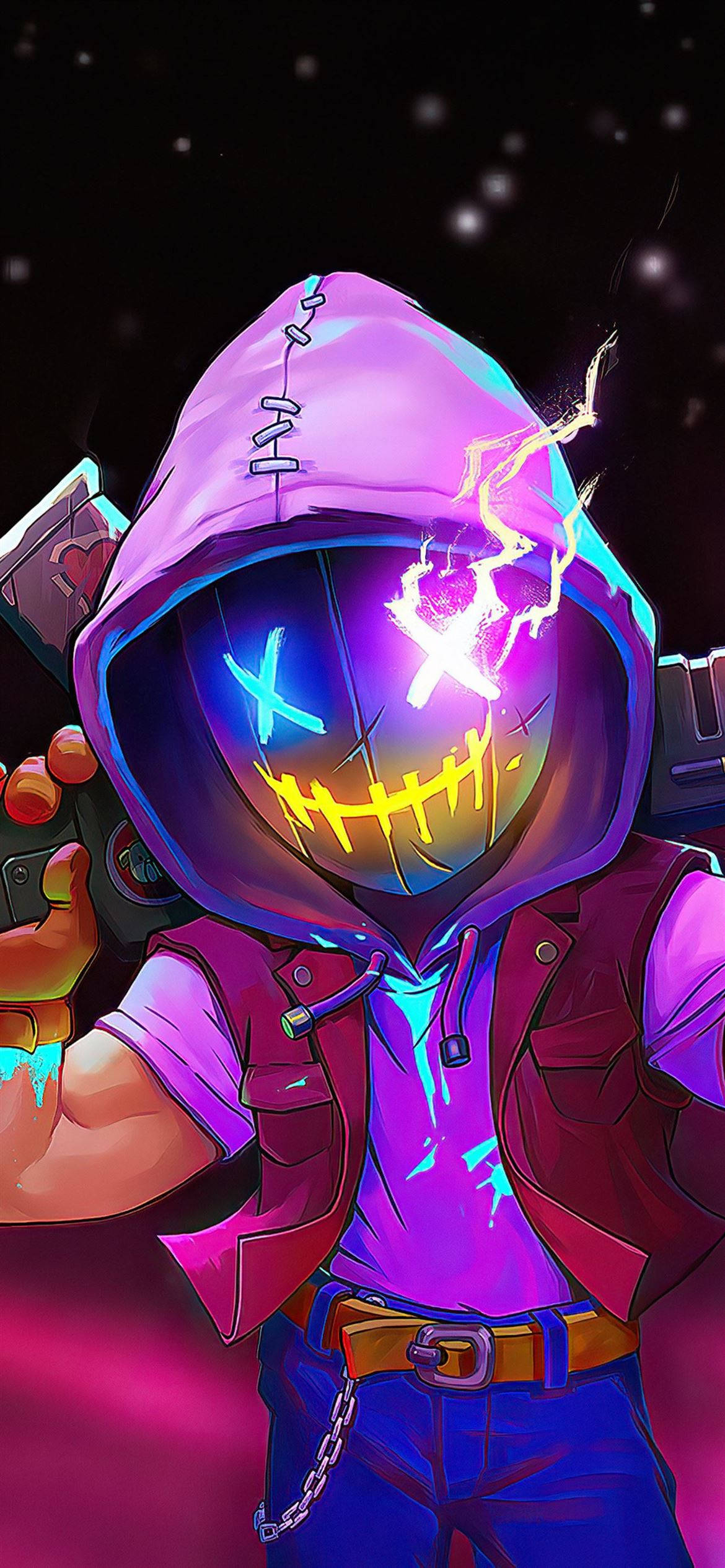 game 桌布 壁紙 — 一個發光戴面具的人物，身穿紫色連帽衫，在滿天星星的夜空下拿著武器。