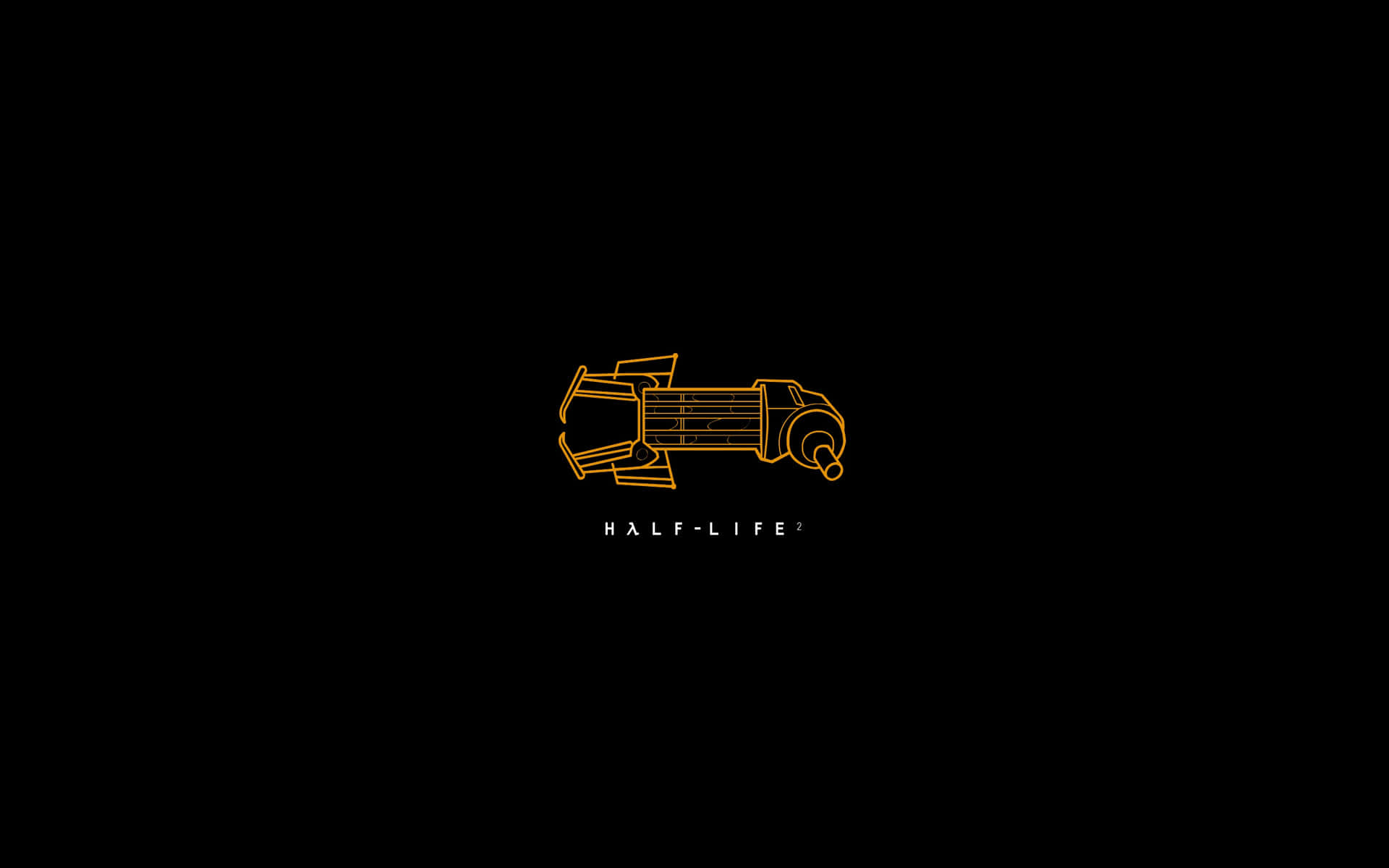 Minimalist Gaming 桌布 壁紙 — 一個發光橙色輪廓的未來手槍，置於黑色背景中央，下方有「HALF-LIFE 2」文字。