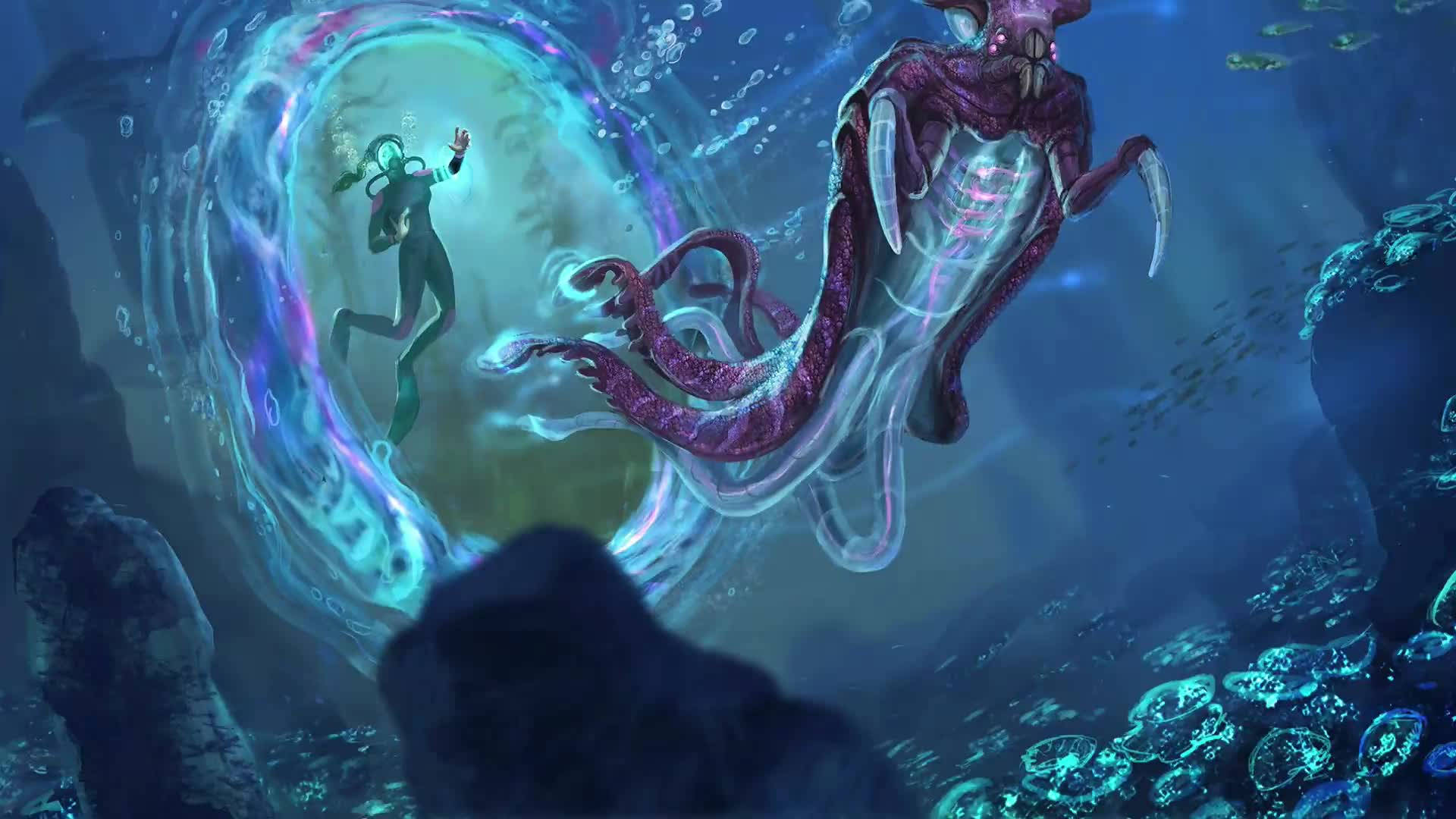 深海迷航 桌布 壁紙 — 一個發光氣泡中的潛水員在深海洞穴中面對一隻巨大的紫色外星章魚。