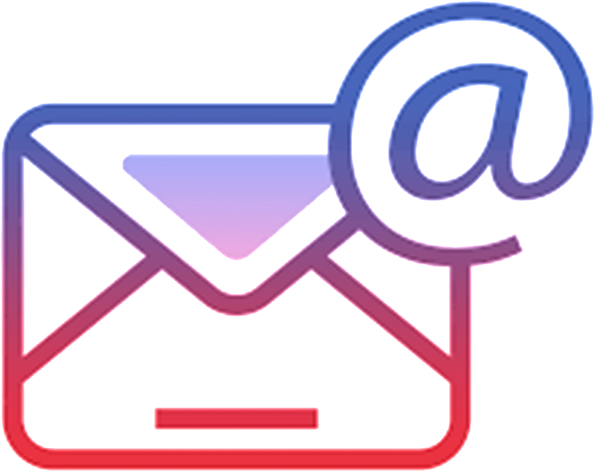 Gmail 動圖 桌布 壁紙 — 一個發光漸層電子郵件圖標，帶有藍色和粉紅色調的 @ 符號，背景為黑色。