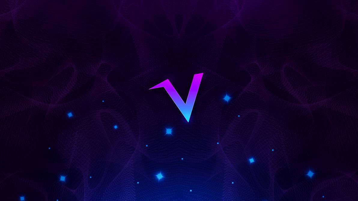 v 桌布 壁紙 — 一個發光漸變的V字標誌漂浮在旋轉的深紫色圖案和散落的藍色星星之間，背景是宇宙星空。
