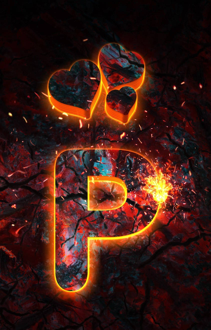 字母P 桌布 壁紙 — 一個發光火熱的字母P，上方有三個心形圖案，從破裂的紅黑色火山岩中浮現，伴隨著飛濺的火花。