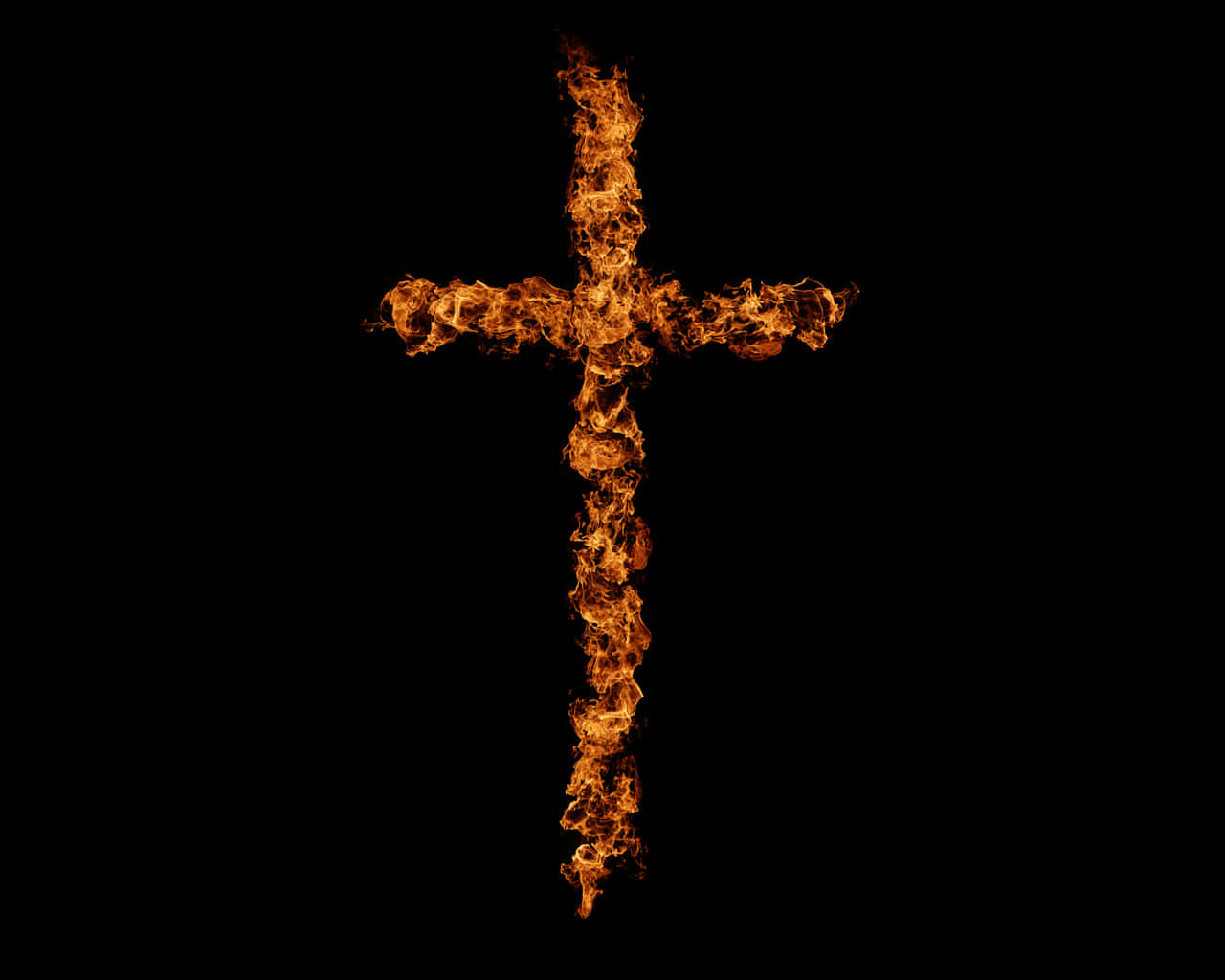 Cool Cross 桌布 壁紙 — 一個發光燃燒的十字架在純黑色背景上，以強烈的橙色和黃色火焰生動地燃燒。