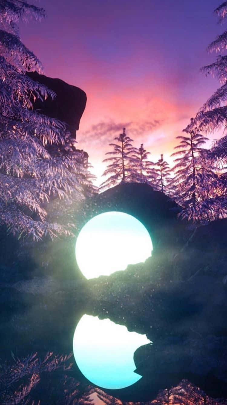 Nature Aesthetic Phone 桌布 壁紙 — 一個發光球體倒映在暮色中霧氣瀰漫的森林裡，樹木覆蓋著雪花，天空呈現紫色。