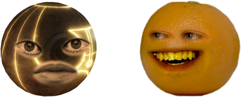 smiling 桌布 壁紙 — 一個發光球體帶有寧靜的臉孔，還有一個咧嘴大笑的開心柳橙，襯托黑色背景。