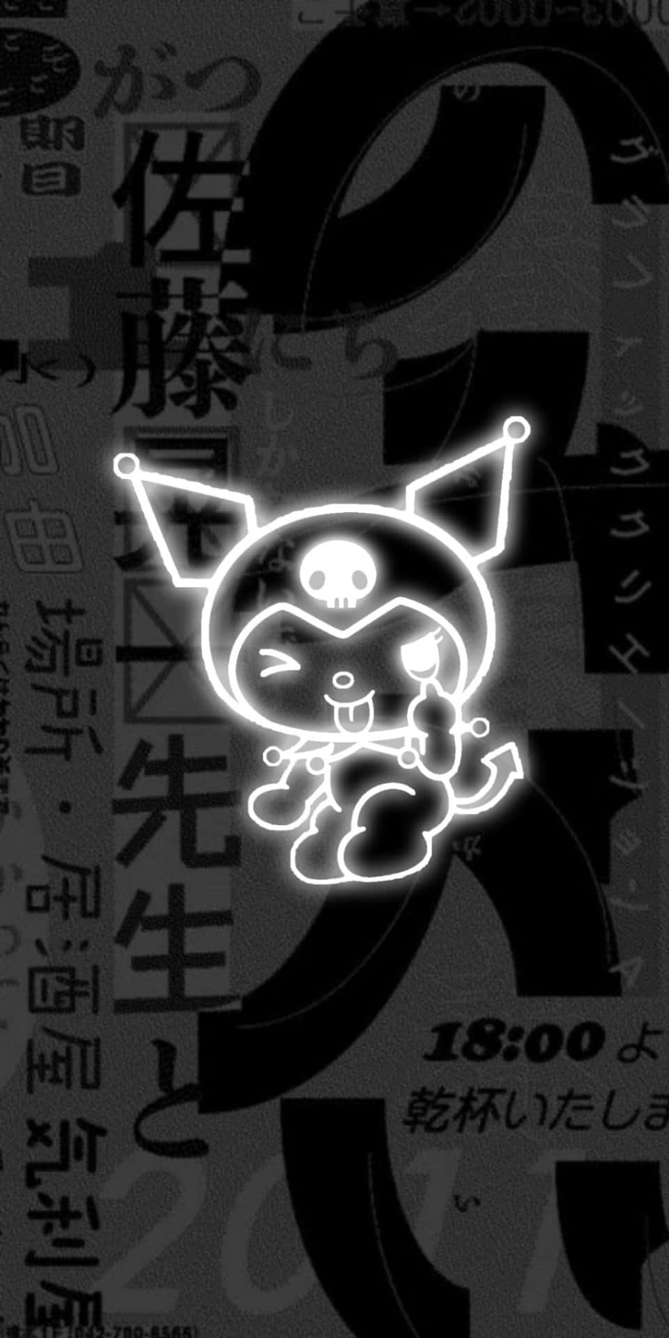 Gothic Aesthetic 桌布 壁紙 — 一個發光白色霓虹輪廓的卡通骷髏頭角色，帶有惡魔角和尾巴，背景是充滿日文字體的深色背景。