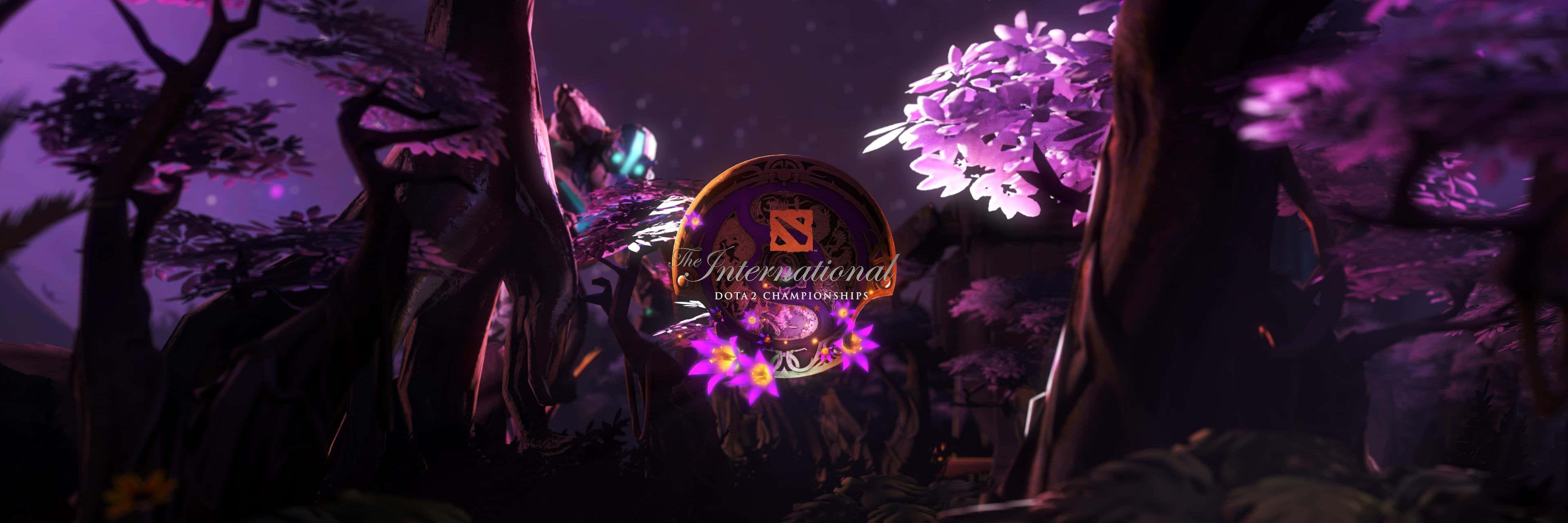 4K 桌布 壁紙 — 一個發光的 Dota 2 International 標誌漂浮在神秘的紫色森林中，有發光的花朵和扭曲的樹木，背景是繁星點點的夜空。