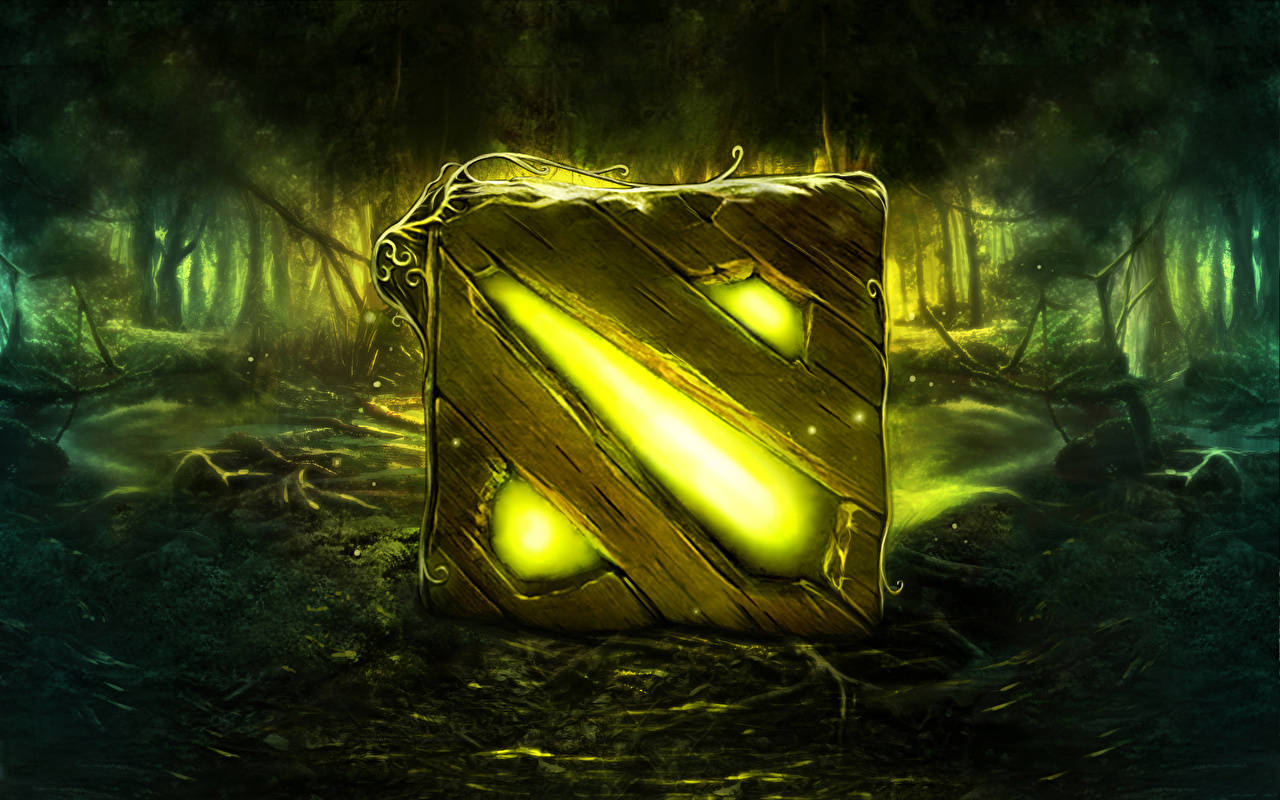 電玩遊戲 桌布 壁紙 — 一個發光的 Dota 2 標誌從一個沐浴在詭異綠光中的黑暗神秘森林中浮現。