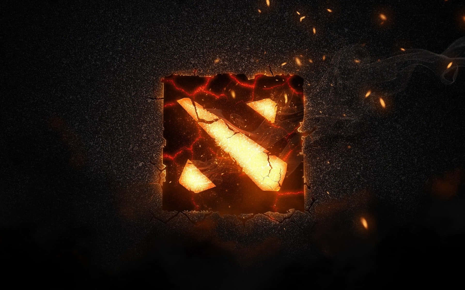 電玩遊戲 桌布 壁紙 — 一個發光的 Dota 2 標誌從破裂的石頭表面噴出，伴隨著飛舞的火花和煙霧，背景為深色。