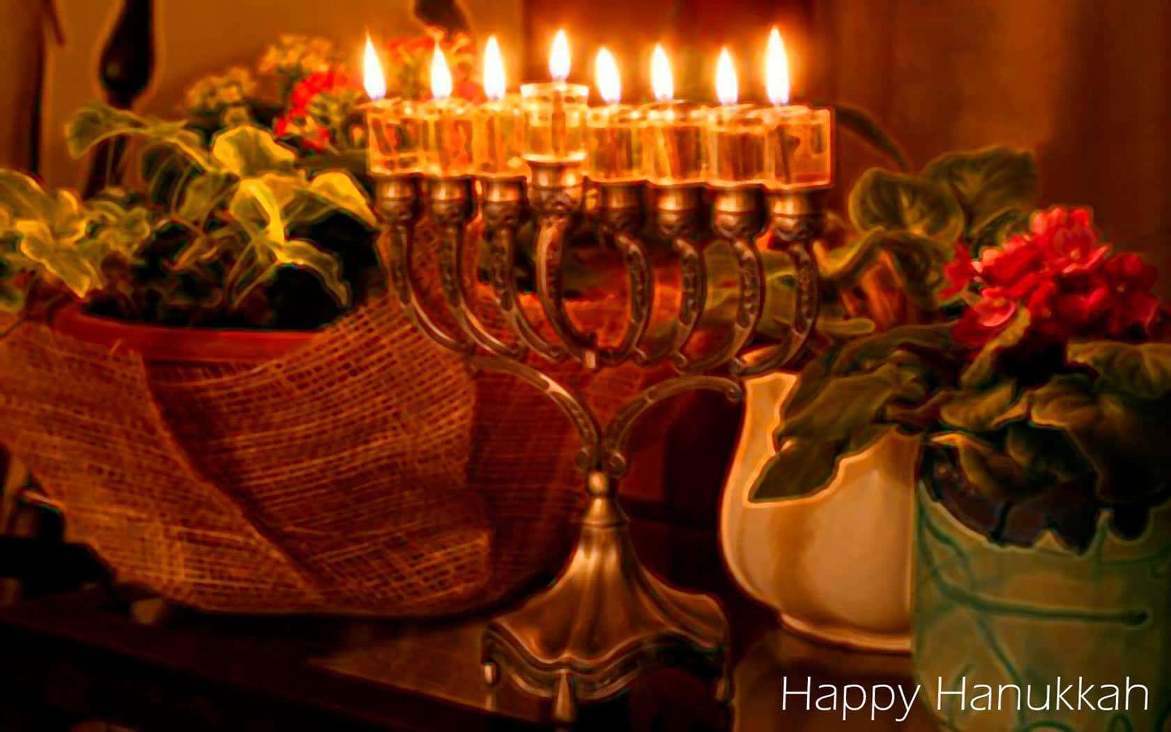 一個點燃的 menorah，被盆栽植物環繞在木質表面上。 — 光明節 GIF 壁紙