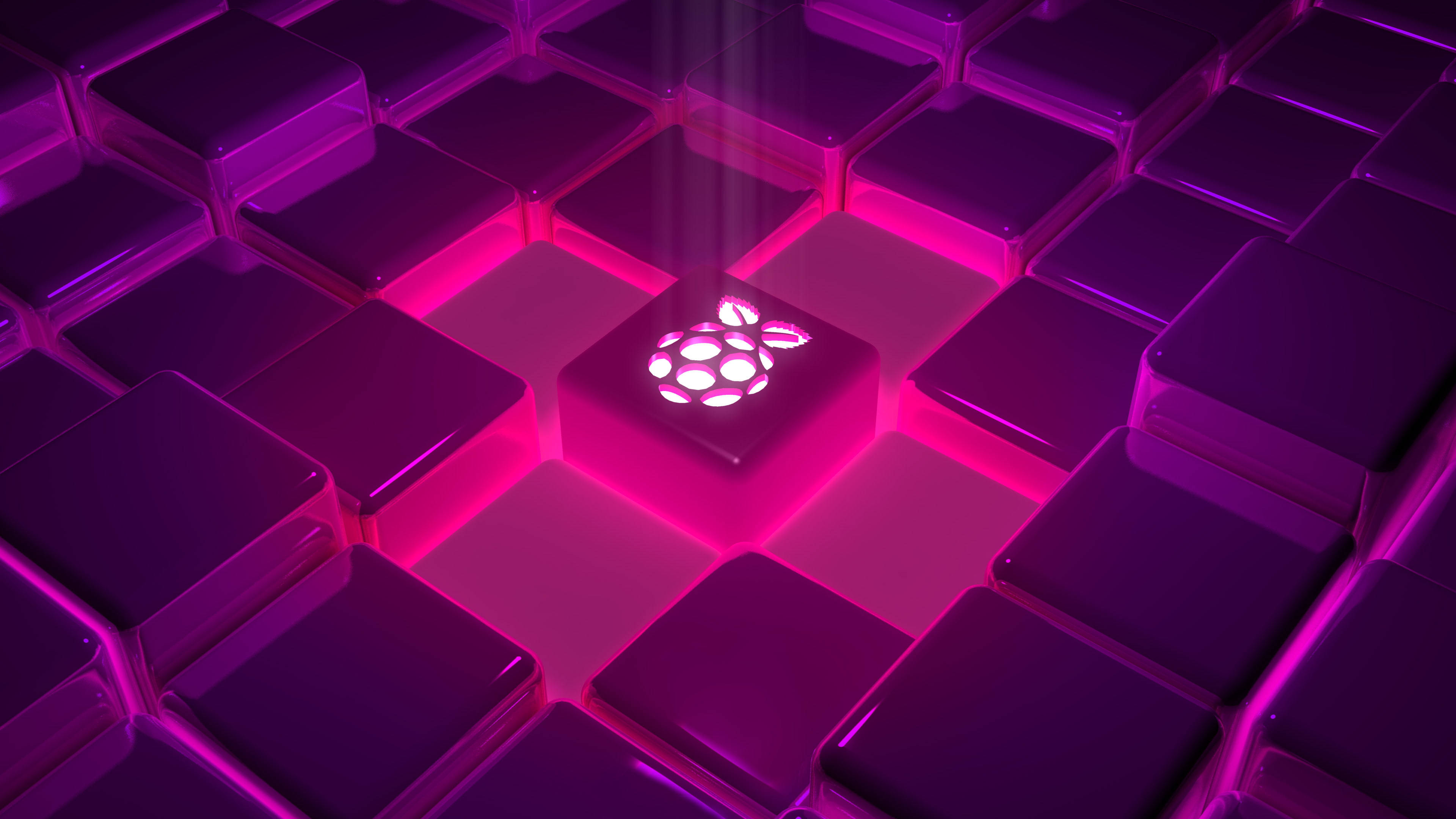 粉紅閃光 桌布 壁紙 — 一個發光的 raspberry pi 標誌，位於紫色和粉紅色發光立方體網格的中心，帶有輻射光束。