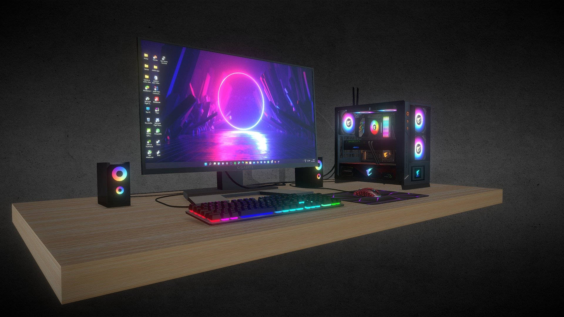 Gaming Setup 桌布 壁紙 — 一個發光的 RGB 遊戲設置，配備鮮豔的顯示器和發光的周邊設備，放在木桌上，背景是深色牆壁。