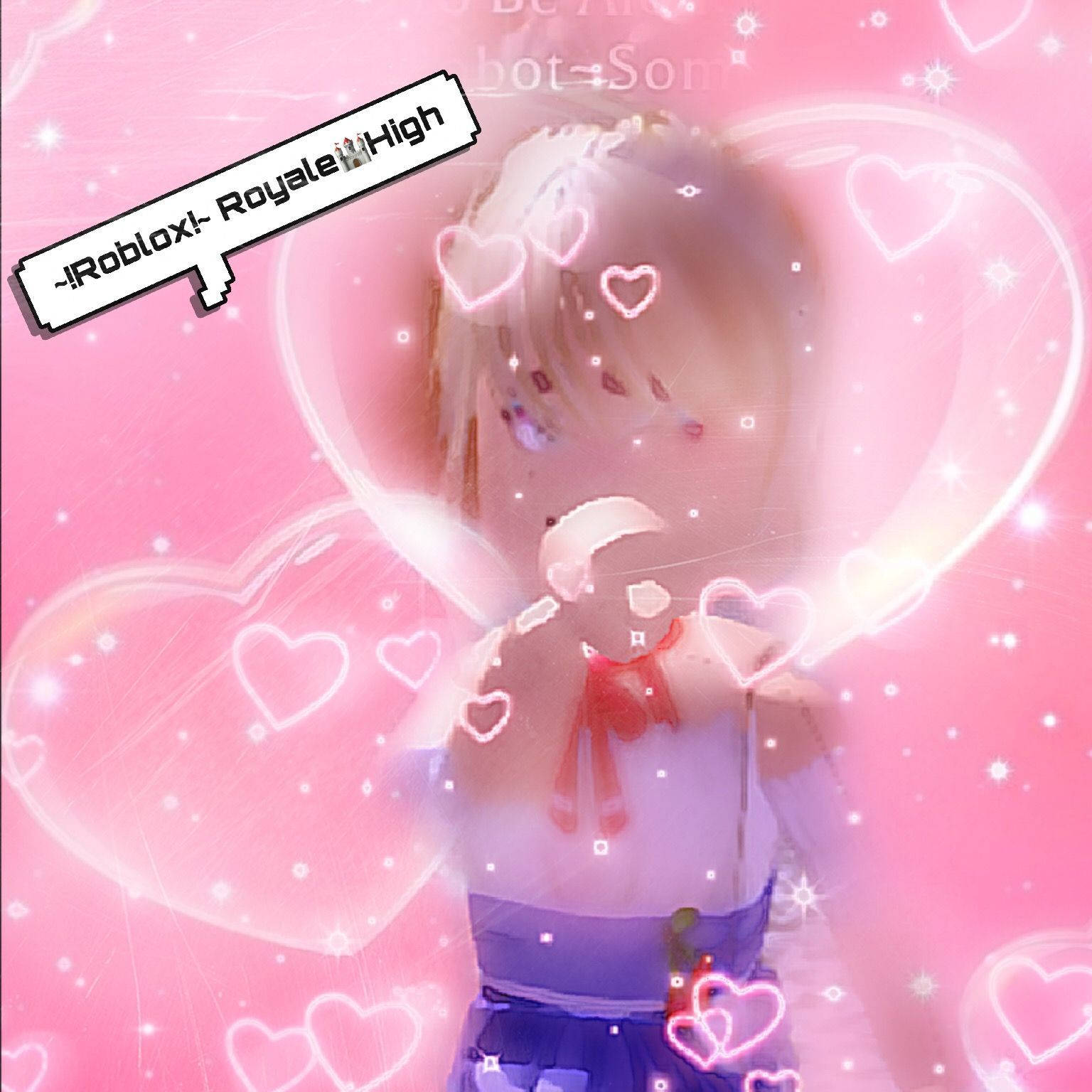 Cute Roblox 桌布 壁紙 — 一個發光的 Roblox Royale High 頭像，金髮和紅色蝴蝶結，周圍漂浮著心形和閃光，背景為粉紅色。
