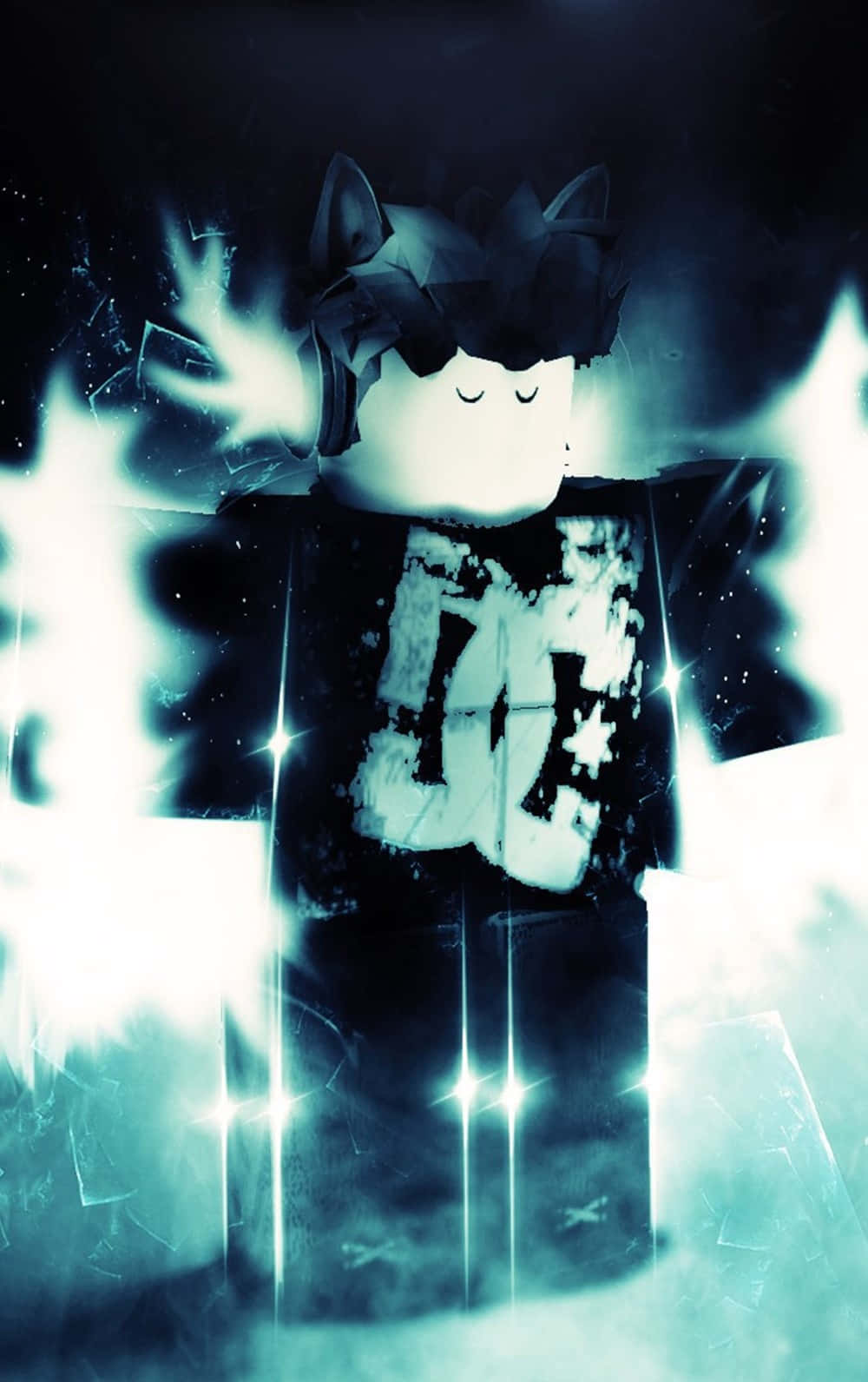 game 桌布 壁紙 — 一個發光的 Roblox 頭像，擁有貓耳朵和閉上的眼睛，在黑暗破碎的背景中散發出明亮的藍色能量。