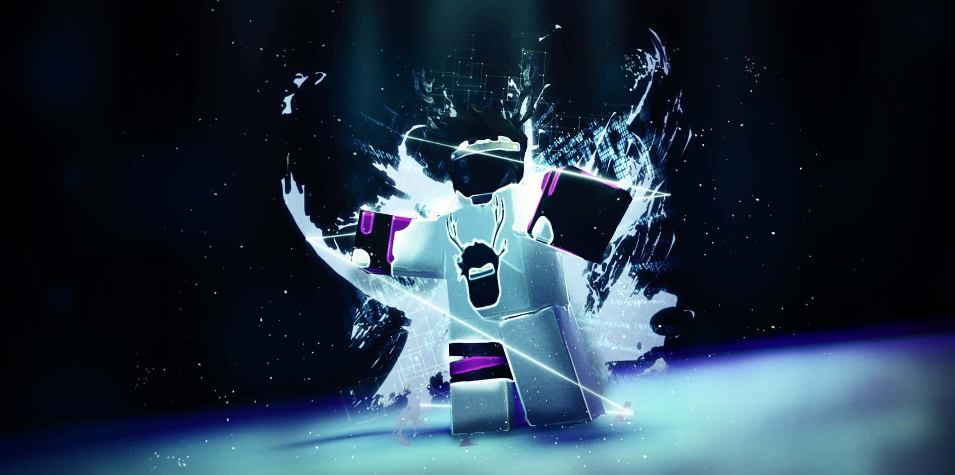 桌布 壁紙 — 一個發光的 Roblox 頭像帶有紫色點綴，站在黑暗宇宙背景下的數位光與粒子爆炸中。