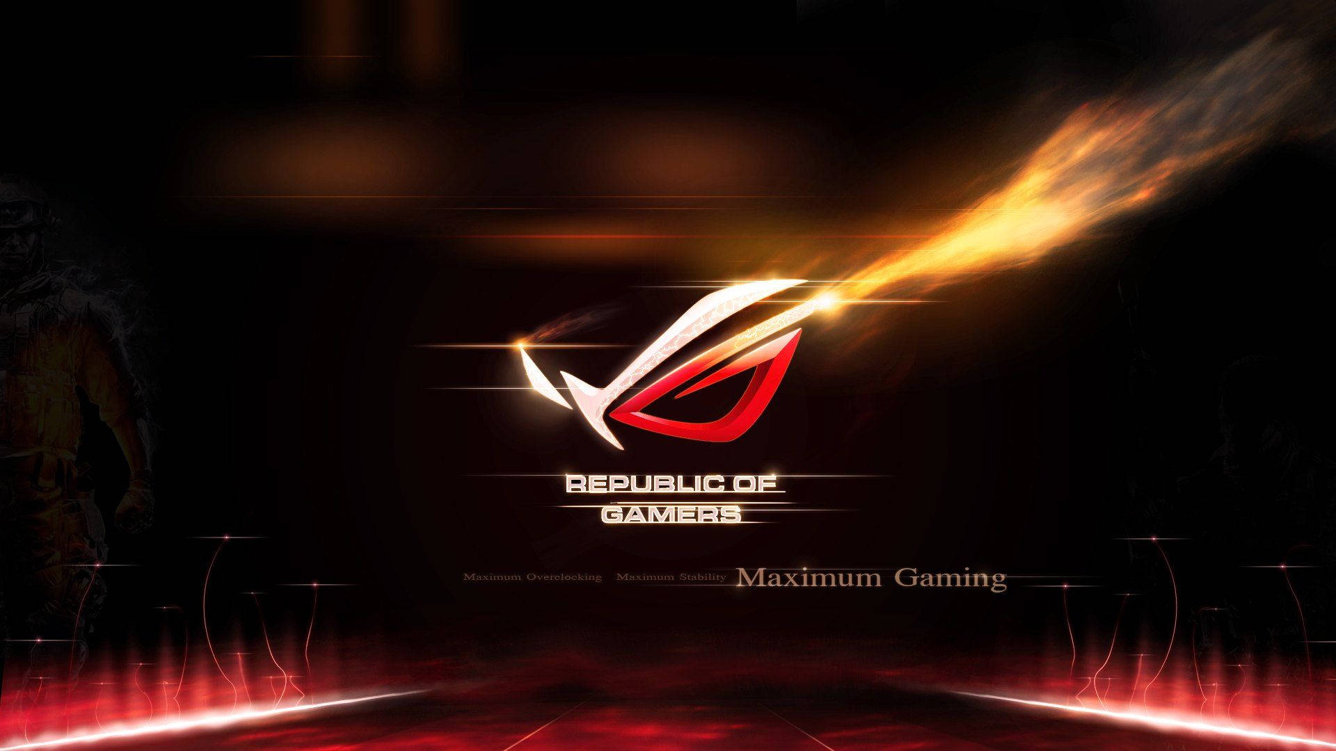 華碩 ROG 桌布 壁紙 — 一個發光的 ROG 標誌，帶有火熱的橙色條紋和紅色霓虹燈，背景為深色。